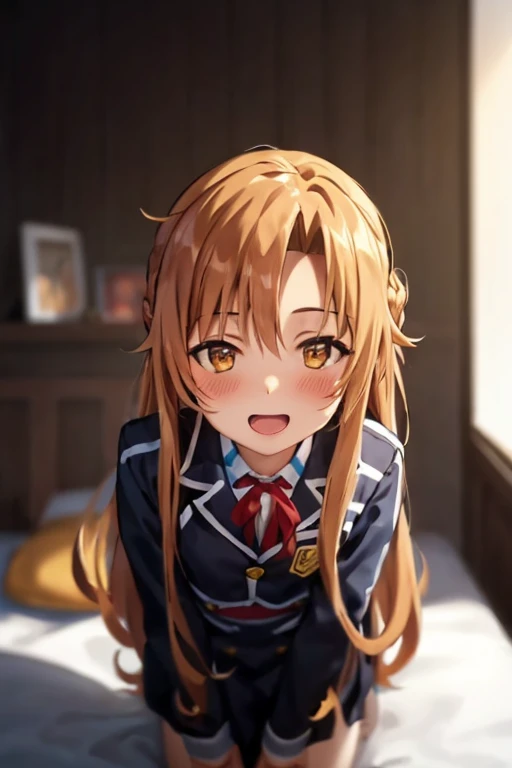 ((Best Quality)), ((masterpiece)), (be familiar with), Perfect Face, indoor, bedroom, Watching the audience,
One woman, Yuuki Asuna,
Open Mouth, Ecstatic expression, blush, smile,
Small breasts, Flat Chest, , , child, Girl,
Long Hair, Long Hair,
Leg spread,