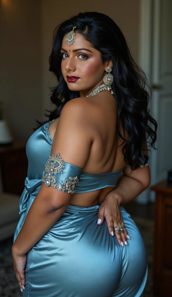 portrait of A confident-looking, brighter smiling face, happy indian woman princess with long flowing hair, hazel eyes, lip stick, wearing designer jewellery, blue and red designer dress, standing at fashion , bokeh perfect composition, hyper realistic, super detailed, rainy day clear, 8k, high quality, trending art, trending on , sharp focus, photo shoot, intricate details, highly detailed, art by greg rutkowski  big breast nipples nice clevage sexy body Red lips 