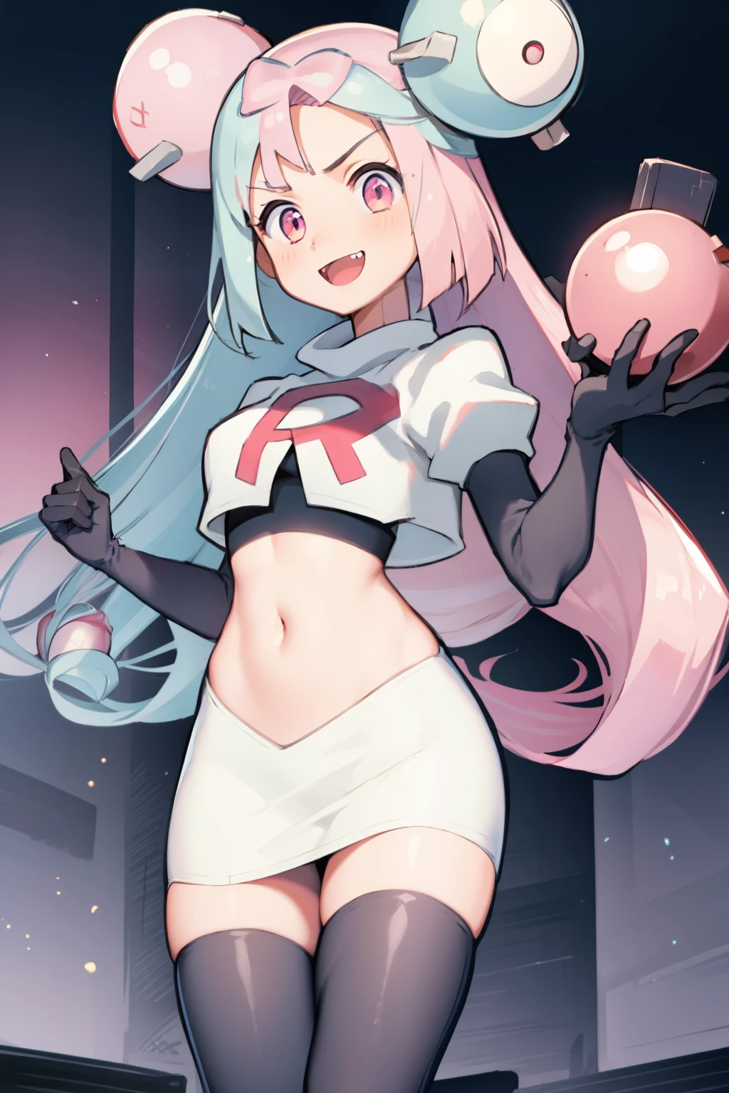 iono,1 girl,pink eyes,solo,smile,open mouth,fangs ,team rocket,team rocket uniform,white skirt,red letter R,crop top,black thigh-highs,black elbow gloves, cowboy shot