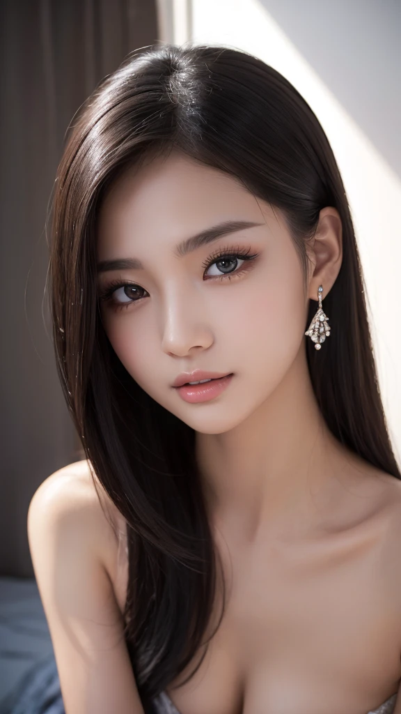 Photorealistic portrait of a 31-year-old Japanese actress, Kasumi Arimura inspired, oval face with soft jawline and subtly pointed chin, flawless porcelain skin with a natural dewy glow, large captivating almond-shaped dark brown eyes with prominent double eyelids, long curled eyelashes, straight delicate nose bridge, full pink lips with a gentle Cupid's bow and subtle smile, high cheekbones creating a soft shadow, long lustrous straight dark brown hair reaching past shoulders, wispy side-swept bangs framing face, hair parted slightly off-center, slender graceful neck, prominent delicate collarbones, yet elegant figure at 160cm tall, wearing a form-fitting off-shoulder black dress or intricate white lace top, dangling silver crystal earrings catching light, minimal natural makeup with peachy blush, soft rose lip tint and subtle brown eyeshadow enhancing eye shape, perfectly groomed eyebrows, soft diffused studio lighting creating a warm glow, high-key portrait style, ultra high-resolution 8K photograph, gentle and warm expression with a hint of confidence, direct eye contact with camera conveying both innocence and maturity, known for versatile roles in acclaimed Japanese dramas and films