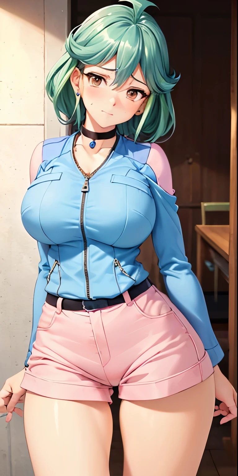 1 Female,High definition,high resolution,Ultra-realistic,8K, rin_arc_v,  1girl,  solo,  (large breasts,  medium breasts:1.2),  (wide hips:1.2),  (blue jacket,  long sleeves:1.2),  (pink shorts,  short shorts:1.3),  black choker,  barefoot,jewelry ,European,sexy,Upper body close-up,Photographed from the front,Dynamic Angles,blush, medium tits, naughty face, facial, sweat,(from behind),((huge ass)),(show ass),(black thong),perfect face, perfect ass, perfect body,(wide thighs:1.3),cute face,(pov, closed shot:1.2)