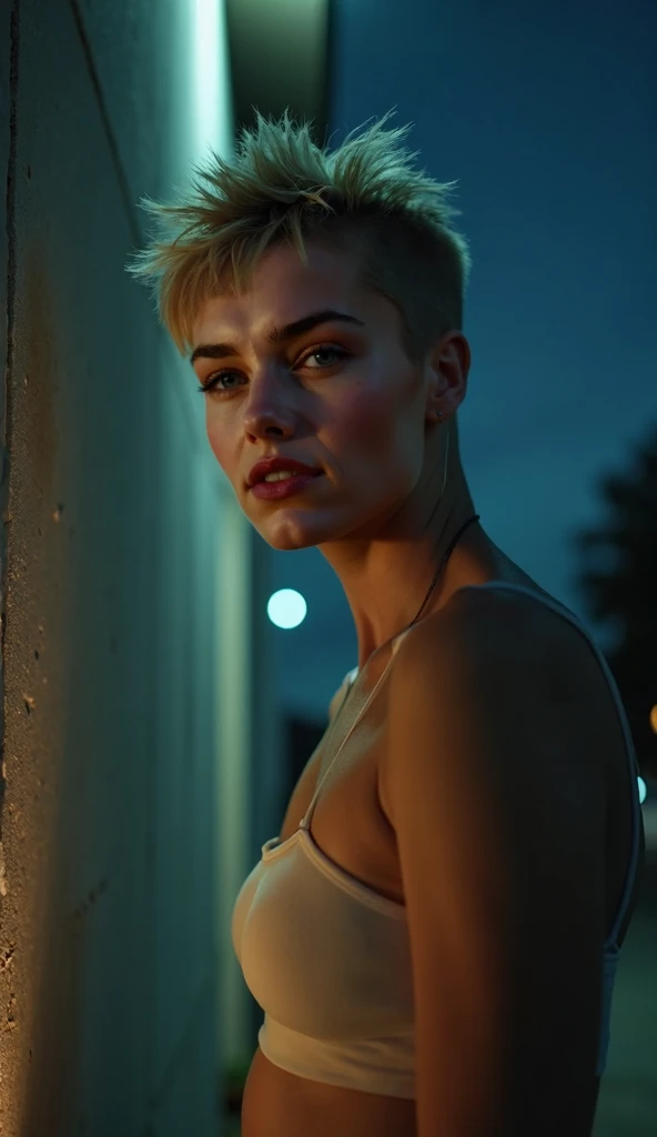 analog film photo, photo of a Gwen Stacy from Into the Spider-Verse, blonde emo shag undercut, blue eyes, long legs, resembles Hailee Steinfeld, posing above an apocalyptic city skyline, nighttime, RAW Photograph, dslr, soft lighting, high quality, film grain, Fujifilm XT3, detailed skin with visible pores, insane details, masterpiece, 8k, 35mm photograph, dslr, kodachrome, faded film, desaturated, grainy, vintage, Lomography, stained, highly detailed, found footage, full-body shot