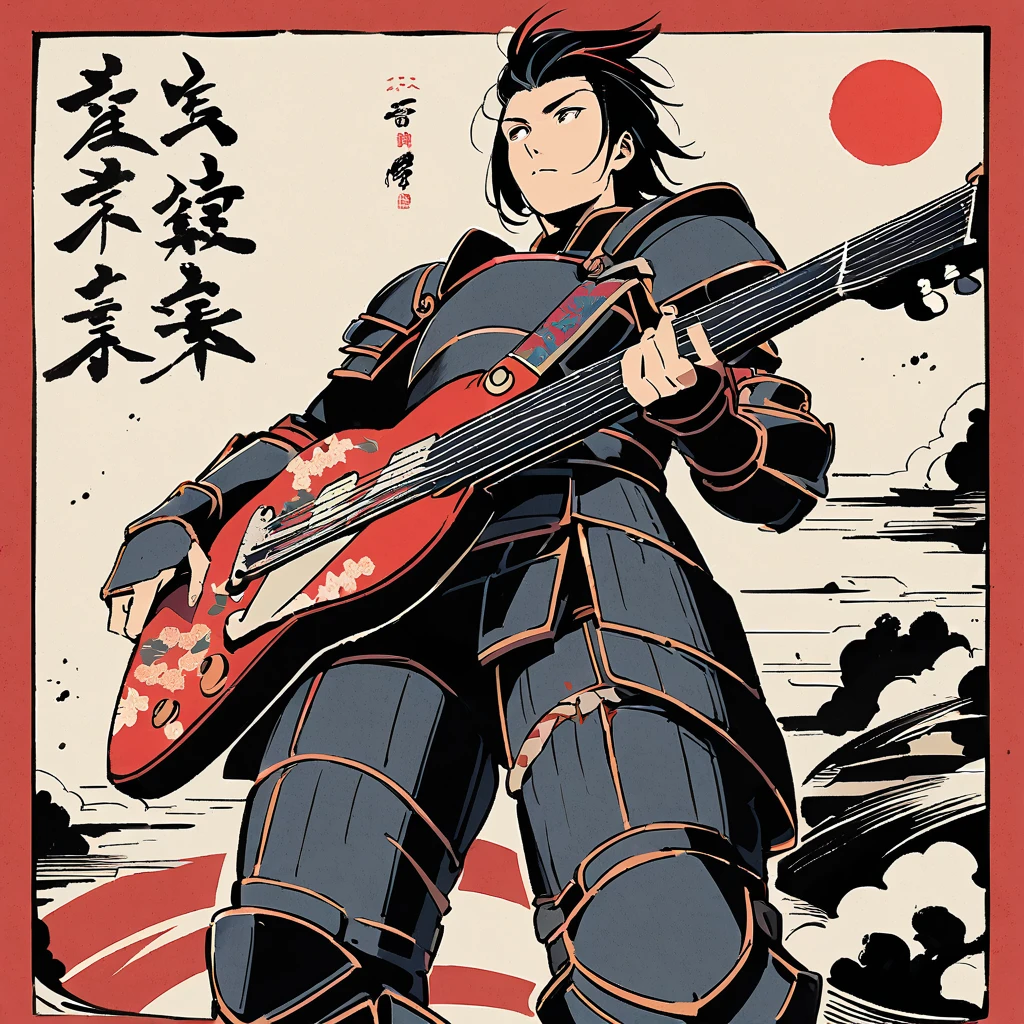 (((Ink Painting))), ((Standing in armor)), (((From below))), (((Warrior))),(((Electric guitar))), Japan人のWarrior, Black Hair, Delicate and precise, Modern Ukiyo-e Style,Japan, Japanese flag, Vibrant colors、male