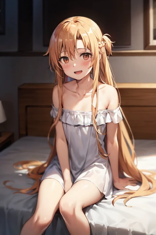 ((Best Quality)), ((masterpiece)), (be familiar with), Perfect Face, indoor, bedroom, Watching the audience,
One woman, Yuuki Asuna,
Open Mouth, Ecstatic expression, blush, smile,
Small breasts, Flat Chest, , , child, Girl,
Long Hair, Long Hair,
Leg spread,