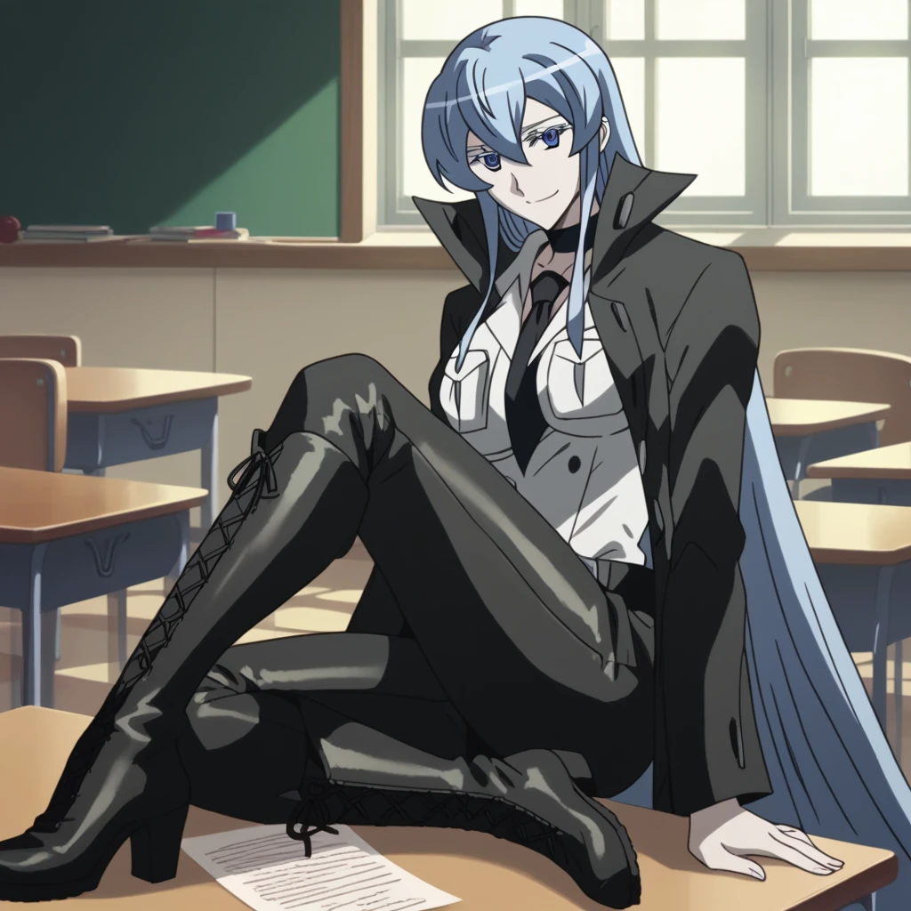 
esdeath,
esdeath, blue eyes, blue hair, long hair, smile, eyelashes, white shirt, black necktie, black leathher Suit, leather pants, leather boots, full body, all black leathe in classroom , black jacket

