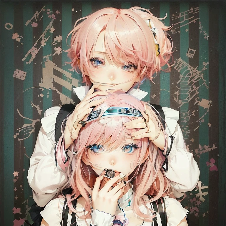 Anime couple with pink hair and red heart on background, 8K!, sasoura, zerochan art, zerochan, digital art from danganronpa, 8K!!, Happy!!!, by Shingei, kissing together cutely, Scene!!, by Puru, best anime 4k konachan wallpaper, Top Rated on pixiv, !8K!