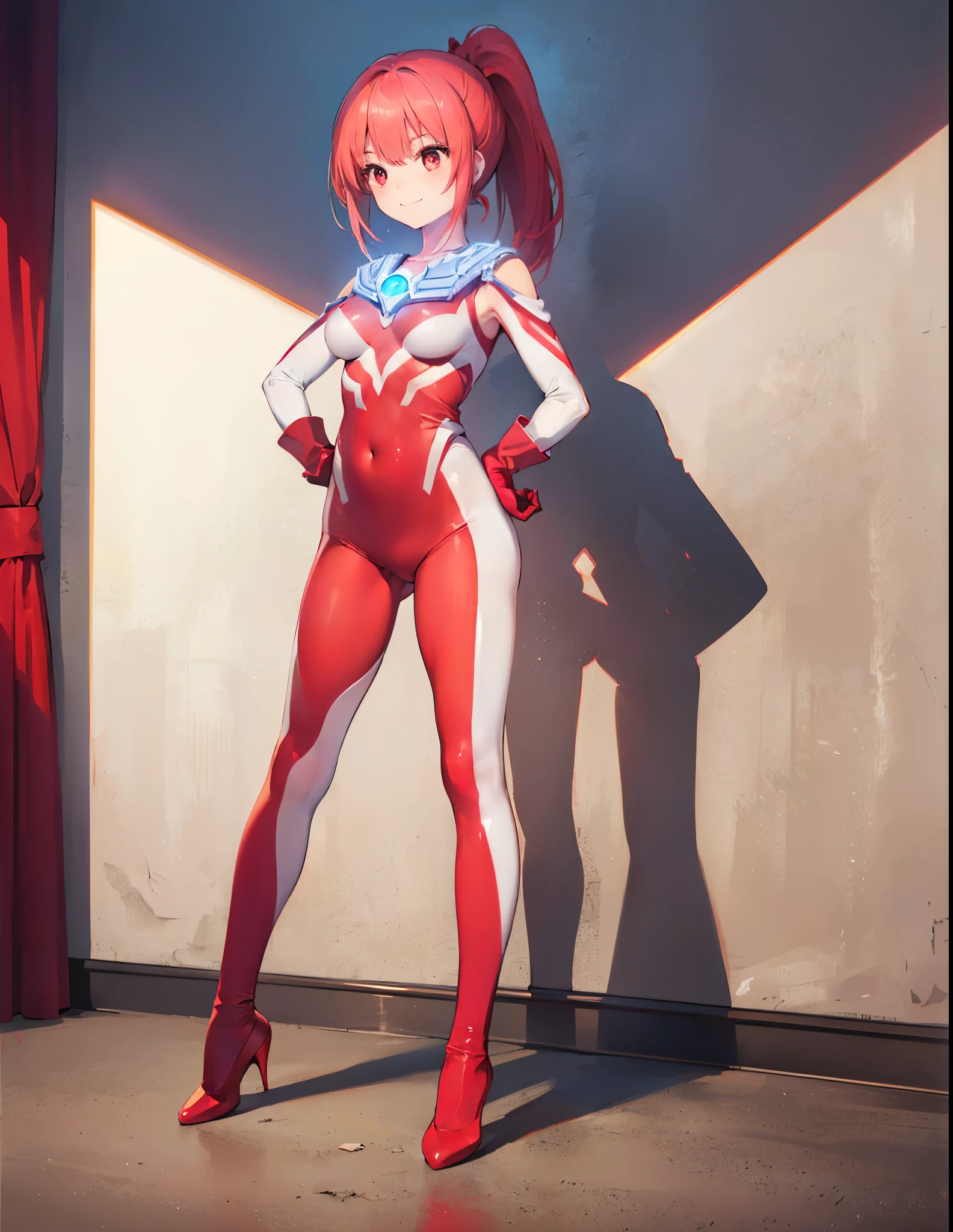 (Close-up:1.3),Realistic,Highest quality, Ultra Detail, High-quality CG rendering, The most delicate and beautiful, Floating softly, High resolution, (1 female), (Highest quality,4K,8k,masterpiece:1.2),(All red hair:1.5), (ponytail:1.5),(Red eyes:1.5), (Ultra Girl:1.0), (All red Ultraman bodysuit:1.5),(Do not expose your skin:1.5),(Slightly larger breasts:1.5),(Red gloves:1.3),(Red Shoes:1.3),(whole body:1.3),(smile:1.3),Small room,(Are standing:1.4),(Place your hands on your hips:1.3),(Turn your back to your audience:1.3),Butt
