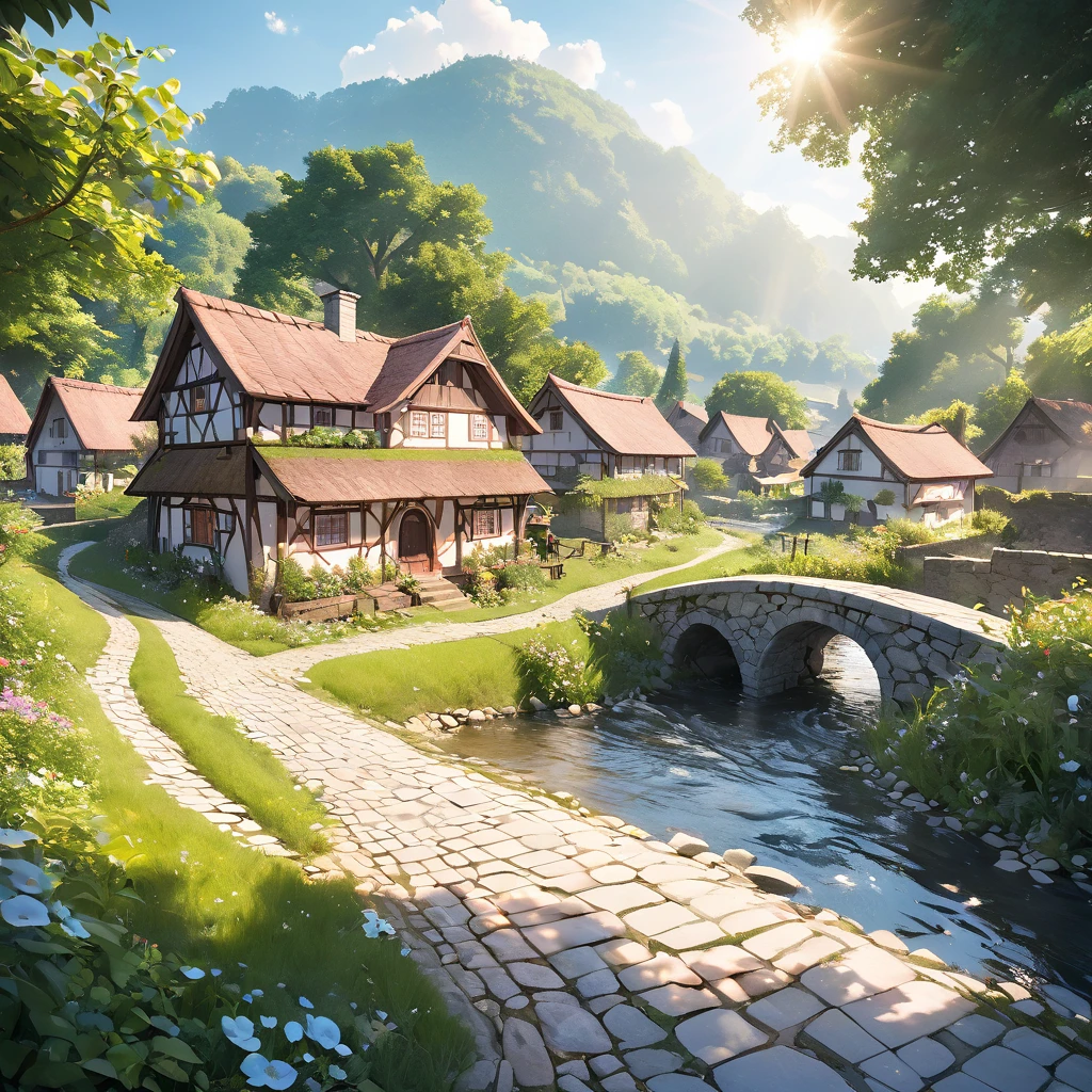 Miniature, Digital Art, Cinematic composition, A peaceful little village under the glove, A small house surrounded by greenery, sun rays, Small stone path, Petals flowing in a small river, Small stone bridge, Green