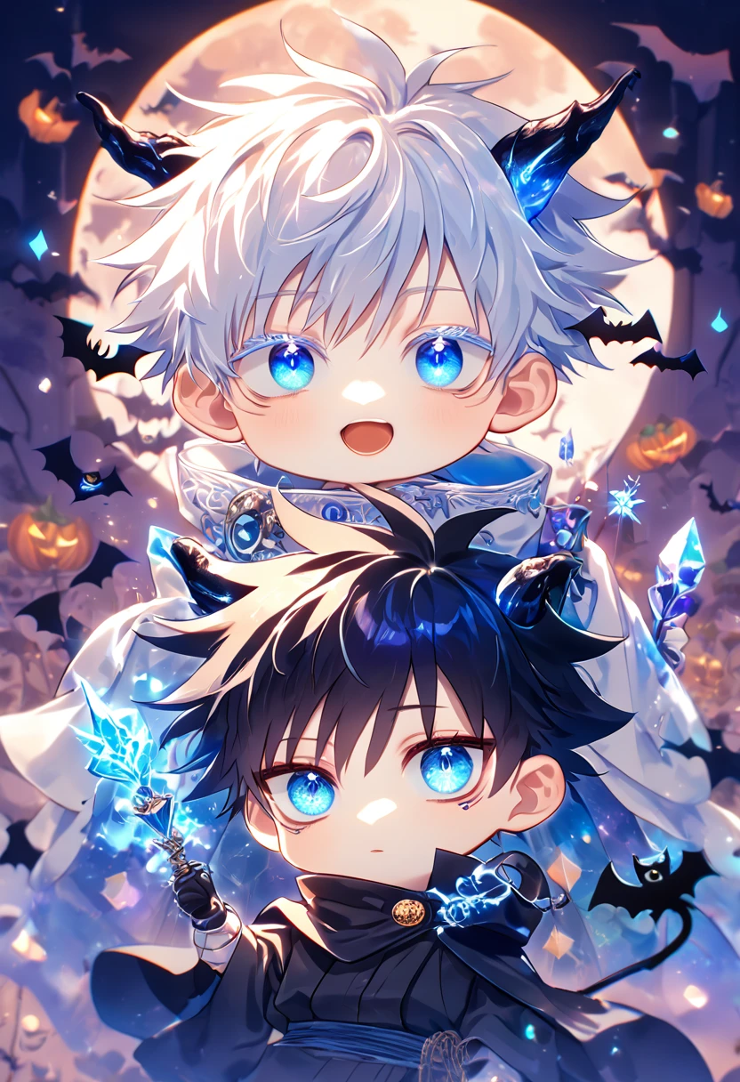 Ultra detailed, HDR, Highres, absurdres, master piece, detailed eyes, detailed face, Gojou Satoru as a chibi, white hair with bangs, expressive blue eyes, white eyelashes, Fushiguro Megumi as a chibi, black hair, expressive blue eyes, white haori, black cape with fur, demon, black horns, Jujutsu Kaisen, shining blue pumpkins, fantasy, magical, two boys together, gay couple, yaoi, cute, bats, Halloween, blue moon, blue flames, blue fireflies, demon tail, crystal light