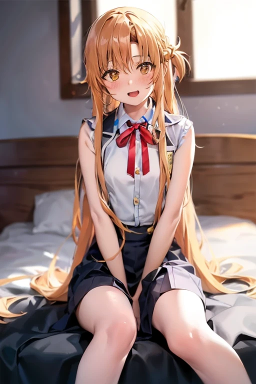 ((Best Quality)), ((masterpiece)), (be familiar with), Perfect Face, indoor, bedroom, Watching the audience,
One woman, Yuuki Asuna,
Open Mouth, Ecstatic expression, blush, smile,
Small breasts, Flat Chest, , , child, Girl,
Long Hair, Long Hair,
Leg spread,