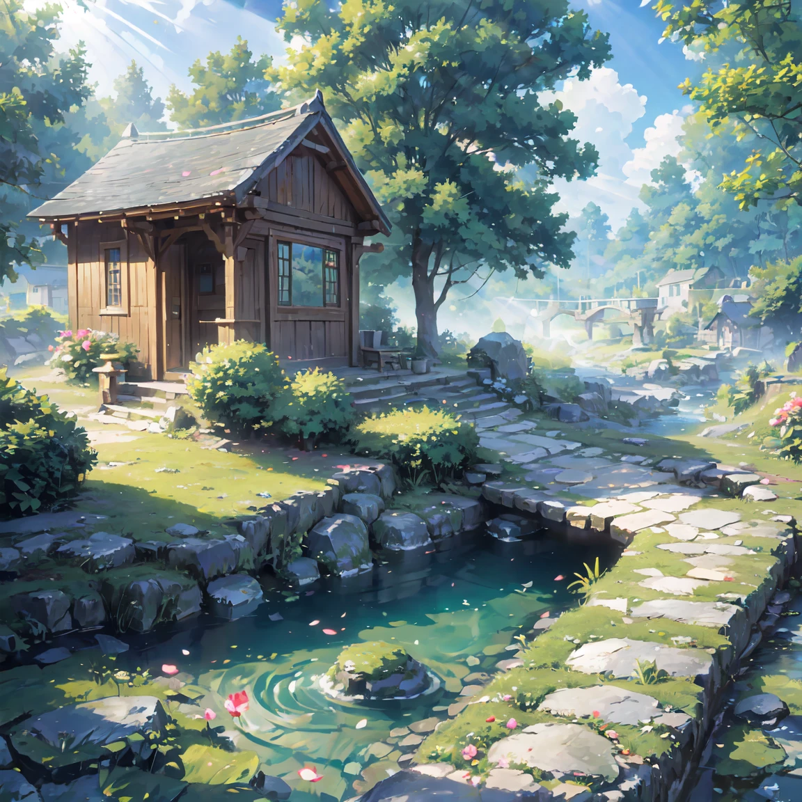 Miniature, Digital Art, Cinematic composition, A peaceful little village under the glove, A small house surrounded by greenery, sun rays, Small stone path, Petals flowing in a small river, Small stone bridge, Green