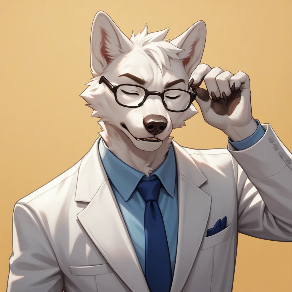 detailed art, appearance: Alone, furry, white wolf, Pompadour hairstyle, normal attitude, attire: A white suit, and a blue tie. He wears circular glasses, adding a formal look, bottom: magenta, pose: head tilted, adjusting his glasses, eyes closed, regular expression.