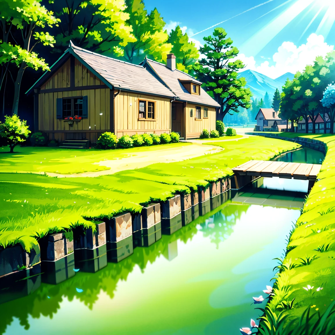 Miniature, Digital Art, Cinematic composition, A peaceful little village under the glove, A small house surrounded by greenery, sun rays, Small stone path, Petals flowing in a small river, Small stone bridge, Green