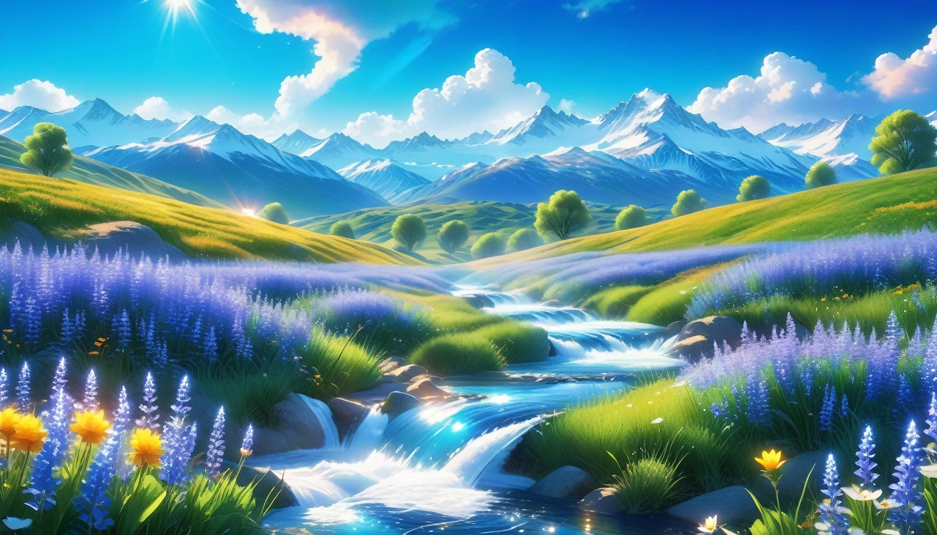 A Masterpiece In 32K Resolution, Supreme Quality, Super Detail, Official Art, Very High-Resolution 32K Wallpaper, Beautiful And Aesthetic, Ultra-Detailed Features, Awe-Inspiring Detail. The Enchanted Meadows Under A Sapphire Sky. Rolling Green Hills Spread Out Beneath A Clear Sapphire Sky, Dotted With Wildflowers That Dance In The Breeze. A Small, Sparkling Stream Winds Its Way Through The Meadow, Glimmering Like Silver Under The Sunlight. In The Distance, Snow-Capped Mountains Rise Majestically, Their Peaks Gleaming White Against The Blue Sky. A Sense Of Tranquil Magic Fills The Air.