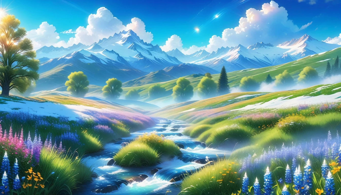 A Masterpiece In 32K Resolution, Supreme Quality, Super Detail, Official Art, Very High-Resolution 32K Wallpaper, Beautiful And Aesthetic, Ultra-Detailed Features, Awe-Inspiring Detail. The Enchanted Meadows Under A Sapphire Sky. Rolling Green Hills Spread Out Beneath A Clear Sapphire Sky, Dotted With Wildflowers That Dance In The Breeze. A Small, Sparkling Stream Winds Its Way Through The Meadow, Glimmering Like Silver Under The Sunlight. In The Distance, Snow-Capped Mountains Rise Majestically, Their Peaks Gleaming White Against The Blue Sky. A Sense Of Tranquil Magic Fills The Air.