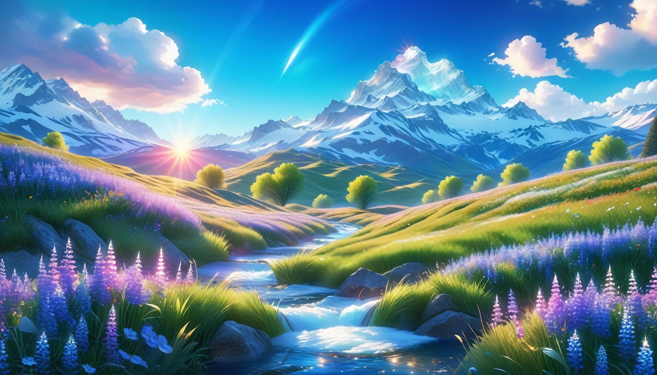 A Masterpiece In 32K Resolution, Supreme Quality, Super Detail, Official Art, Very High-Resolution 32K Wallpaper, Beautiful And Aesthetic, Ultra-Detailed Features, Awe-Inspiring Detail. The Enchanted Meadows Under A Sapphire Sky. Rolling Green Hills Spread Out Beneath A Clear Sapphire Sky, Dotted With Wildflowers That Dance In The Breeze. A Small, Sparkling Stream Winds Its Way Through The Meadow, Glimmering Like Silver Under The Sunlight. In The Distance, Snow-Capped Mountains Rise Majestically, Their Peaks Gleaming White Against The Blue Sky. A Sense Of Tranquil Magic Fills The Air.