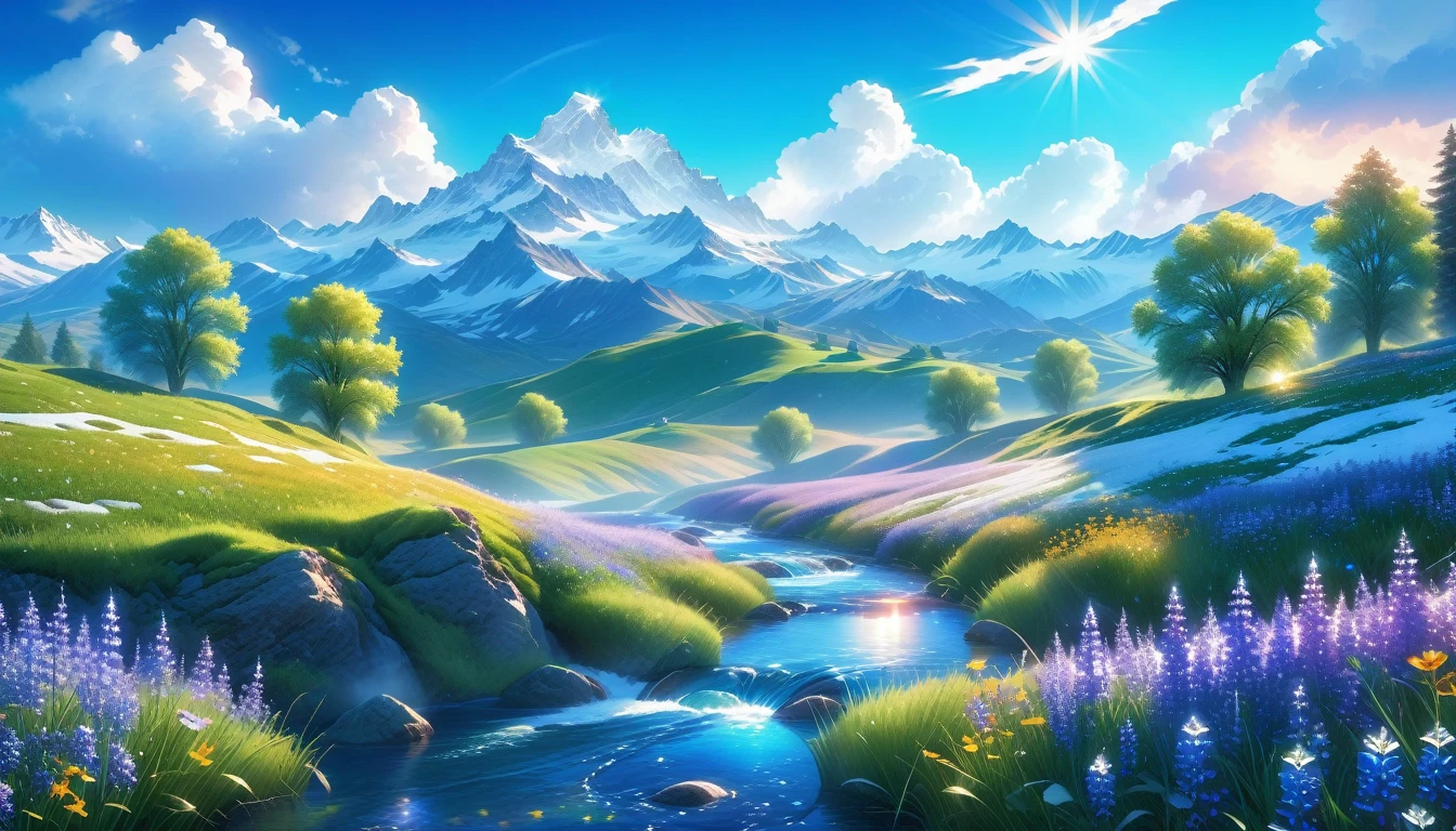 A Masterpiece In 32K Resolution, Supreme Quality, Super Detail, Official Art, Very High-Resolution 32K Wallpaper, Beautiful And Aesthetic, Ultra-Detailed Features, Awe-Inspiring Detail. The Enchanted Meadows Under A Sapphire Sky. Rolling Green Hills Spread Out Beneath A Clear Sapphire Sky, Dotted With Wildflowers That Dance In The Breeze. A Small, Sparkling Stream Winds Its Way Through The Meadow, Glimmering Like Silver Under The Sunlight. In The Distance, Snow-Capped Mountains Rise Majestically, Their Peaks Gleaming White Against The Blue Sky. A Sense Of Tranquil Magic Fills The Air.