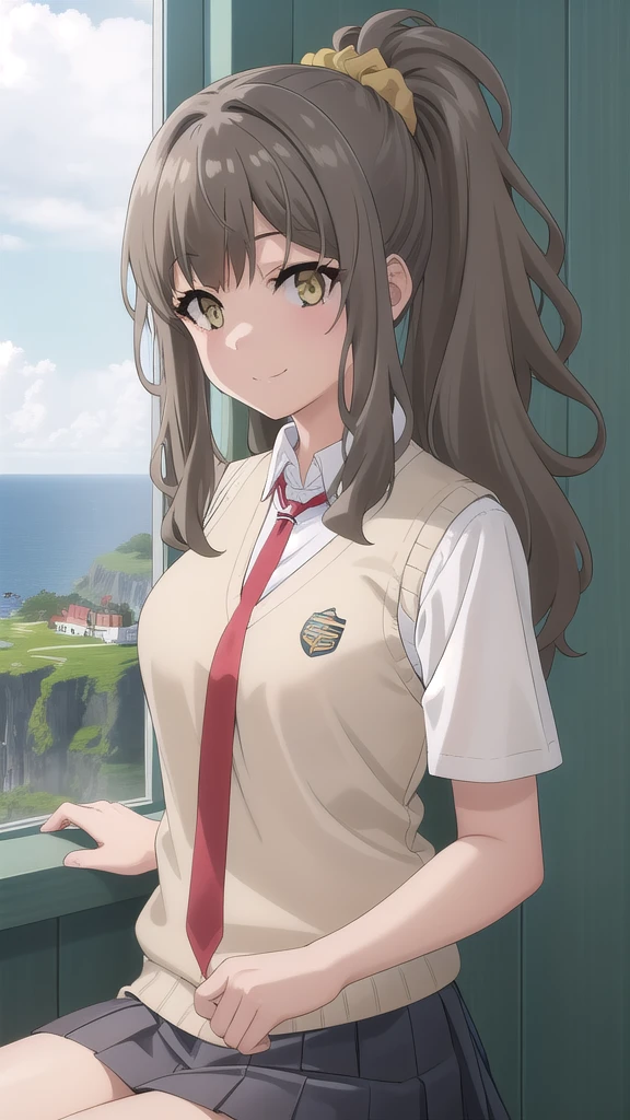 ((masterpiece)),(best quality),official art,extremely detailed CG,unity 8k wallpaper,ultra detailed,A lighthouse on a cliff by the sea,1girl,solo,upper body,(portrait:1.2),school_uniform,brown_hair,long_hair,scrunchie,looking_at_viewer,smile,pleated_skirt,hair_scrunchie,brown_eyes,white_shirt,hair_ornament,sweater_vest,red_necktie,high_ponytail,breasts,yellow_scrunchie,short_sleeves,white_socks,