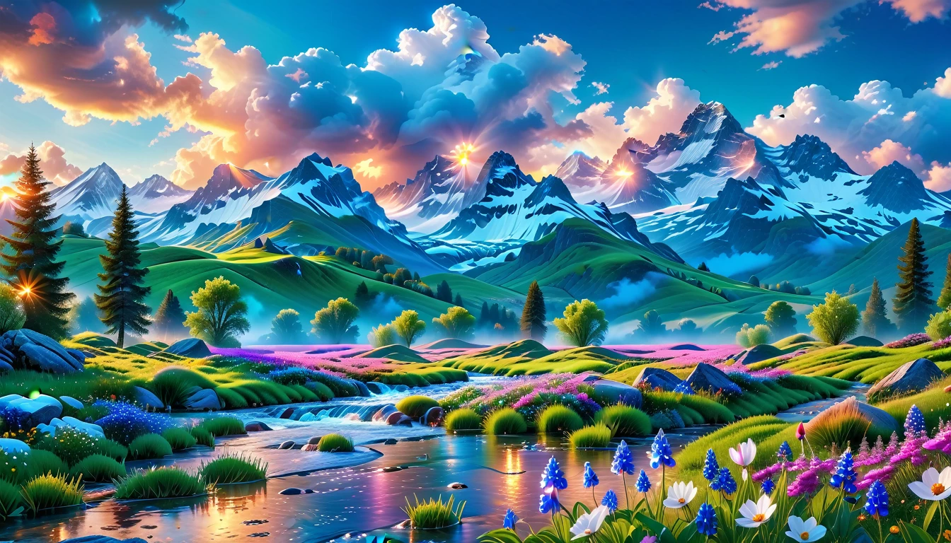 A Masterpiece In 32K Resolution, Supreme Quality, Super Detail, Official Art, Very High-Resolution 32K Wallpaper, Beautiful And Aesthetic, Ultra-Detailed Features, Awe-Inspiring Detail. The Enchanted Meadows Under A Sapphire Sky. Rolling Green Hills Spread Out Beneath A Clear Sapphire Sky, Dotted With Wildflowers That Dance In The Breeze. A Small, Sparkling Stream Winds Its Way Through The Meadow, Glimmering Like Silver Under The Sunlight. In The Distance, Snow-Capped Mountains Rise Majestically, Their Peaks Gleaming White Against The Blue Sky. A Sense Of Tranquil Magic Fills The Air.