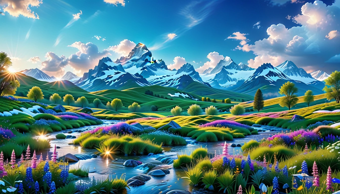 A Masterpiece In 32K Resolution, Supreme Quality, Super Detail, Official Art, Very High-Resolution 32K Wallpaper, Beautiful And Aesthetic, Ultra-Detailed Features, Awe-Inspiring Detail. The Enchanted Meadows Under A Sapphire Sky. Rolling Green Hills Spread Out Beneath A Clear Sapphire Sky, Dotted With Wildflowers That Dance In The Breeze. A Small, Sparkling Stream Winds Its Way Through The Meadow, Glimmering Like Silver Under The Sunlight. In The Distance, Snow-Capped Mountains Rise Majestically, Their Peaks Gleaming White Against The Blue Sky. A Sense Of Tranquil Magic Fills The Air.