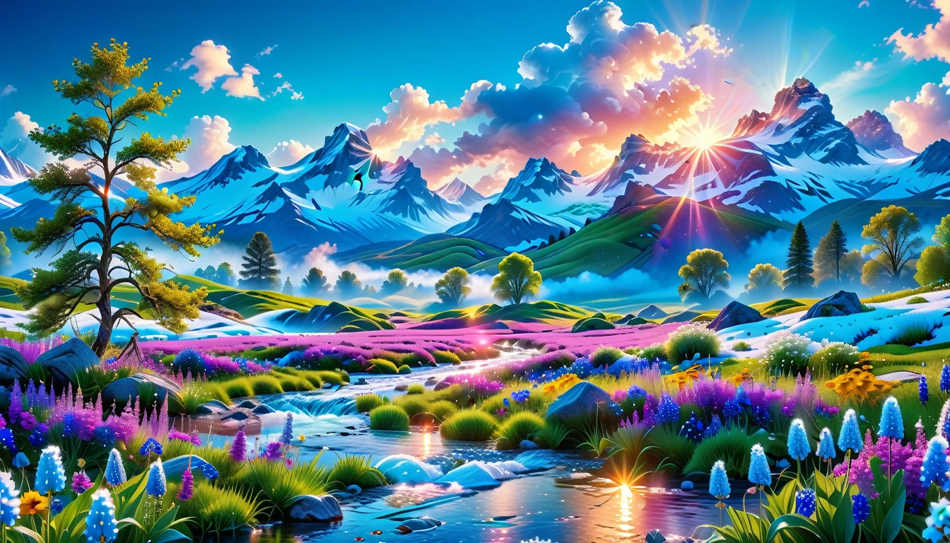 A Masterpiece In 32K Resolution, Supreme Quality, Super Detail, Official Art, Very High-Resolution 32K Wallpaper, Beautiful And Aesthetic, Ultra-Detailed Features, Awe-Inspiring Detail. The Enchanted Meadows Under A Sapphire Sky. Rolling Green Hills Spread Out Beneath A Clear Sapphire Sky, Dotted With Wildflowers That Dance In The Breeze. A Small, Sparkling Stream Winds Its Way Through The Meadow, Glimmering Like Silver Under The Sunlight. In The Distance, Snow-Capped Mountains Rise Majestically, Their Peaks Gleaming White Against The Blue Sky. A Sense Of Tranquil Magic Fills The Air.