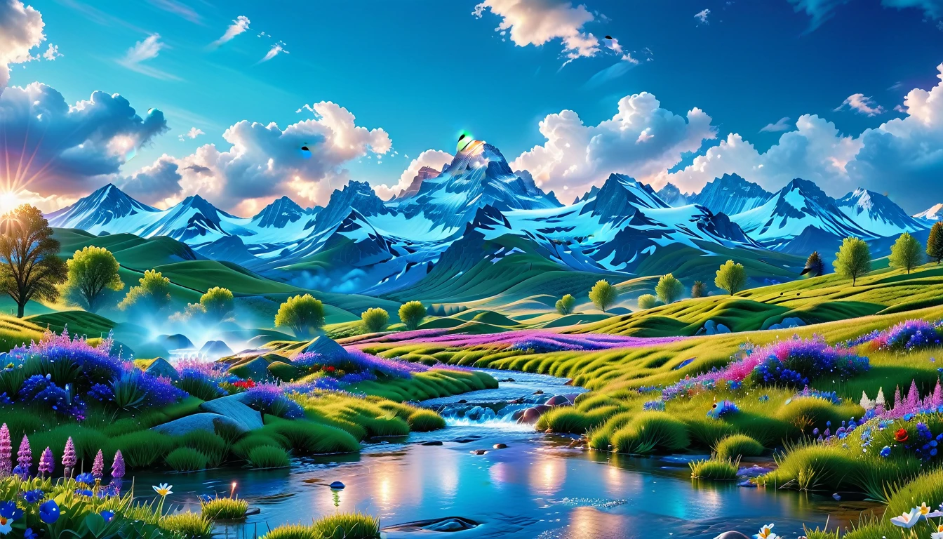 A Masterpiece In 32K Resolution, Supreme Quality, Super Detail, Official Art, Very High-Resolution 32K Wallpaper, Beautiful And Aesthetic, Ultra-Detailed Features, Awe-Inspiring Detail. The Enchanted Meadows Under A Sapphire Sky. Rolling Green Hills Spread Out Beneath A Clear Sapphire Sky, Dotted With Wildflowers That Dance In The Breeze. A Small, Sparkling Stream Winds Its Way Through The Meadow, Glimmering Like Silver Under The Sunlight. In The Distance, Snow-Capped Mountains Rise Majestically, Their Peaks Gleaming White Against The Blue Sky. A Sense Of Tranquil Magic Fills The Air.