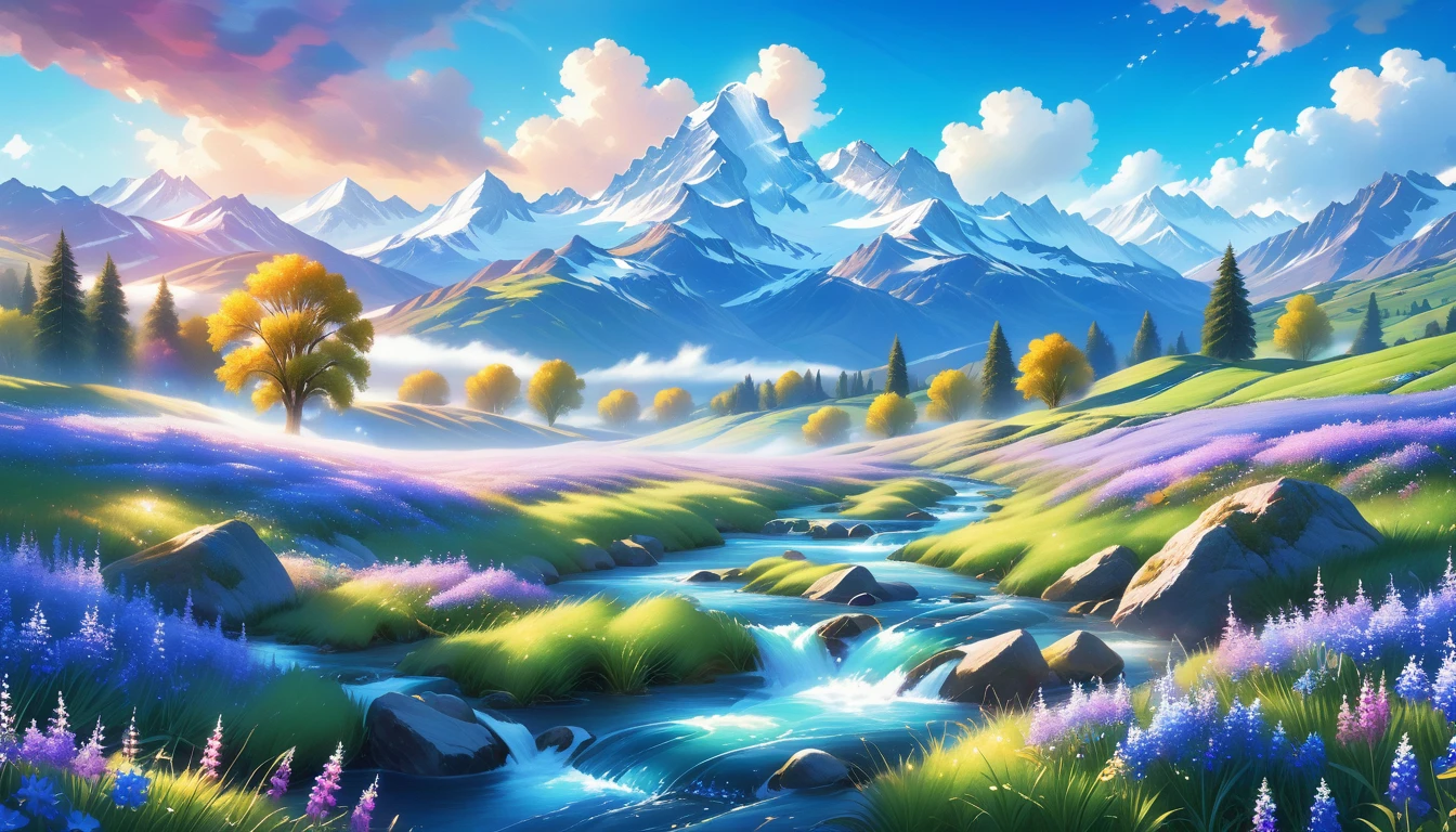 A Masterpiece In 32K Resolution, Supreme Quality, Super Detail, Official Art, Very High-Resolution 32K Wallpaper, Beautiful And Aesthetic, Ultra-Detailed Features, Awe-Inspiring Detail. The Enchanted Meadows Under A Sapphire Sky. Rolling Green Hills Spread Out Beneath A Clear Sapphire Sky, Dotted With Wildflowers That Dance In The Breeze. A Small, Sparkling Stream Winds Its Way Through The Meadow, Glimmering Like Silver Under The Sunlight. In The Distance, Snow-Capped Mountains Rise Majestically, Their Peaks Gleaming White Against The Blue Sky. A Sense Of Tranquil Magic Fills The Air.