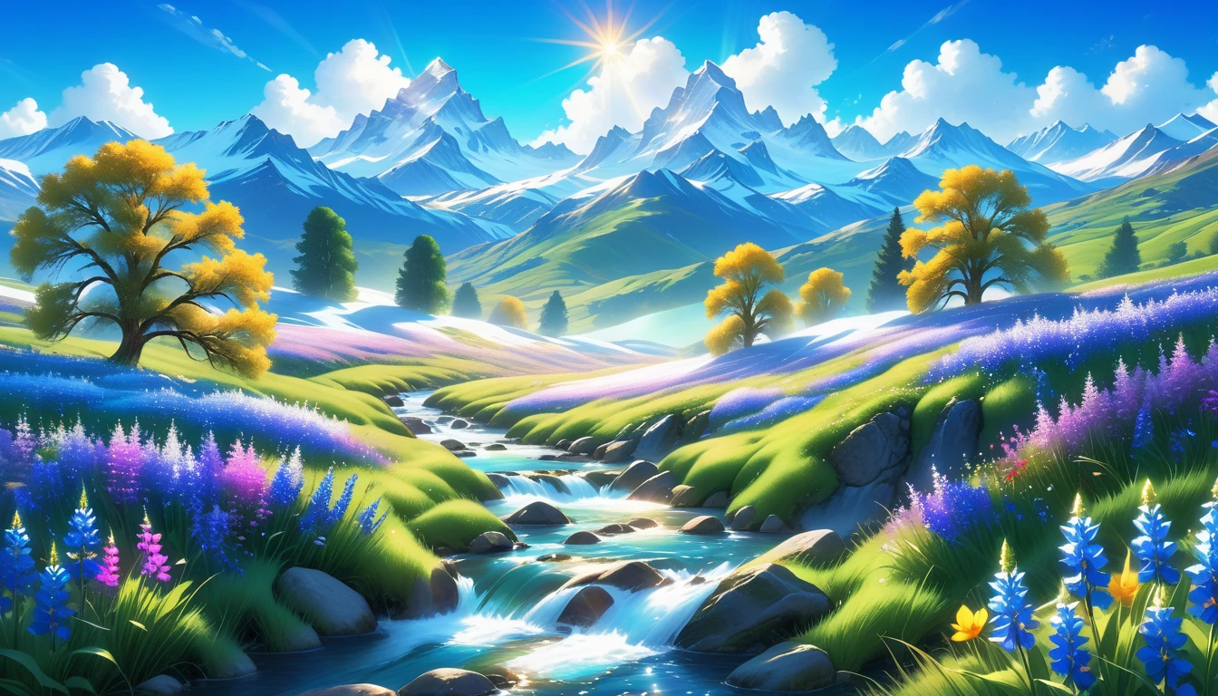 A Masterpiece In 32K Resolution, Supreme Quality, Super Detail, Official Art, Very High-Resolution 32K Wallpaper, Beautiful And Aesthetic, Ultra-Detailed Features, Awe-Inspiring Detail. The Enchanted Meadows Under A Sapphire Sky. Rolling Green Hills Spread Out Beneath A Clear Sapphire Sky, Dotted With Wildflowers That Dance In The Breeze. A Small, Sparkling Stream Winds Its Way Through The Meadow, Glimmering Like Silver Under The Sunlight. In The Distance, Snow-Capped Mountains Rise Majestically, Their Peaks Gleaming White Against The Blue Sky. A Sense Of Tranquil Magic Fills The Air.