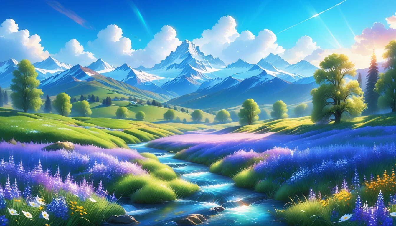 A Masterpiece In 32K Resolution, Supreme Quality, Super Detail, Official Art, Very High-Resolution 32K Wallpaper, Beautiful And Aesthetic, Ultra-Detailed Features, Awe-Inspiring Detail. The Enchanted Meadows Under A Sapphire Sky. Rolling Green Hills Spread Out Beneath A Clear Sapphire Sky, Dotted With Wildflowers That Dance In The Breeze. A Small, Sparkling Stream Winds Its Way Through The Meadow, Glimmering Like Silver Under The Sunlight. In The Distance, Snow-Capped Mountains Rise Majestically, Their Peaks Gleaming White Against The Blue Sky. A Sense Of Tranquil Magic Fills The Air.