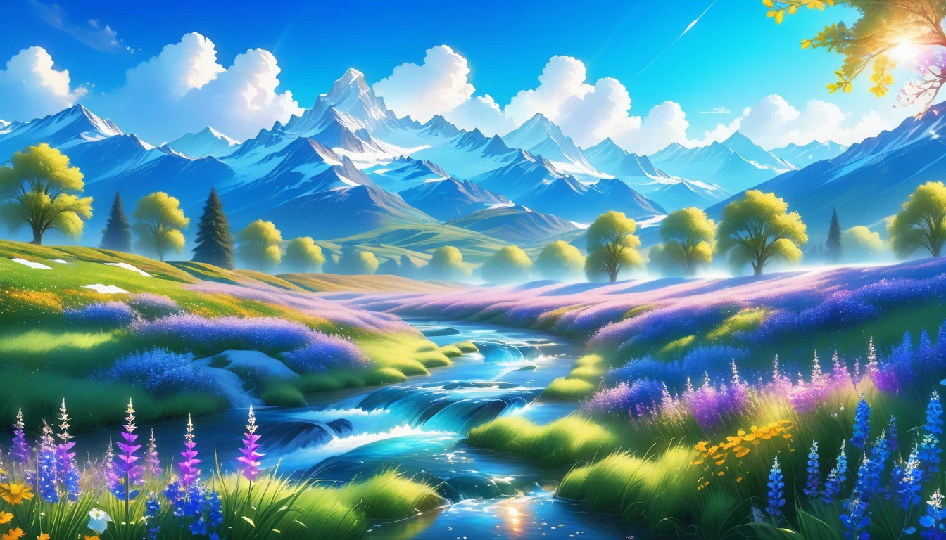 A Masterpiece In 32K Resolution, Supreme Quality, Super Detail, Official Art, Very High-Resolution 32K Wallpaper, Beautiful And Aesthetic, Ultra-Detailed Features, Awe-Inspiring Detail. The Enchanted Meadows Under A Sapphire Sky. Rolling Green Hills Spread Out Beneath A Clear Sapphire Sky, Dotted With Wildflowers That Dance In The Breeze. A Small, Sparkling Stream Winds Its Way Through The Meadow, Glimmering Like Silver Under The Sunlight. In The Distance, Snow-Capped Mountains Rise Majestically, Their Peaks Gleaming White Against The Blue Sky. A Sense Of Tranquil Magic Fills The Air.