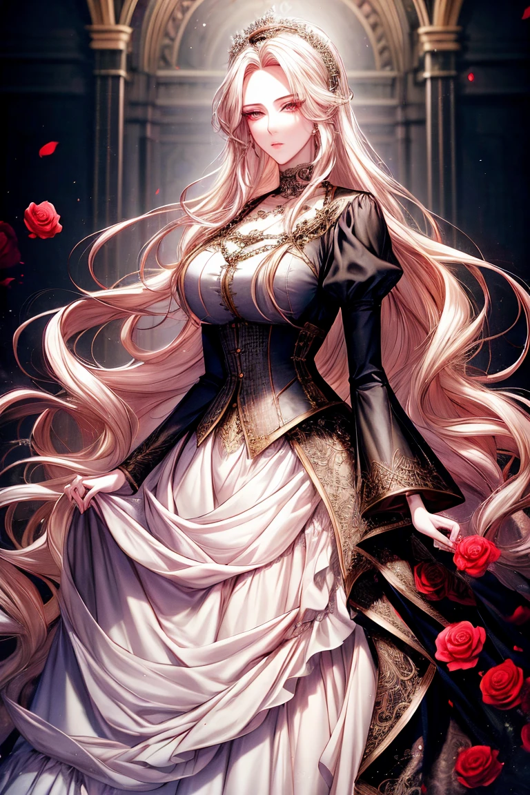 shoujo-style, (romance manhwa), 1girl, dark ash blonde hair, solo, long hair, mature girl, adult, forehead, dress, fair colours, dress medieval princess style, dress with roses, long sleeves, choker, jewelry, silver accessories, full body, medieval background