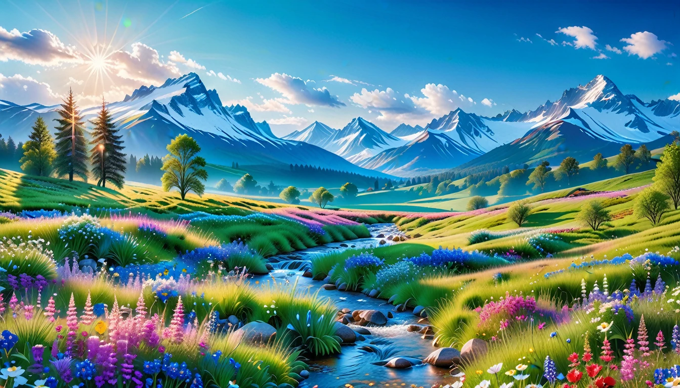 A Masterpiece In 32K Resolution, Supreme Quality, Super Detail, Official Art, Very High-Resolution 32K Wallpaper, Beautiful And Aesthetic, Ultra-Detailed Features, Awe-Inspiring Detail. The Enchanted Meadows Under A Sapphire Sky. Rolling Green Hills Spread Out Beneath A Clear Sapphire Sky, Dotted With Wildflowers That Dance In The Breeze. A Small, Sparkling Stream Winds Its Way Through The Meadow, Glimmering Like Silver Under The Sunlight. In The Distance, Snow-Capped Mountains Rise Majestically, Their Peaks Gleaming White Against The Blue Sky. A Sense Of Tranquil Magic Fills The Air.