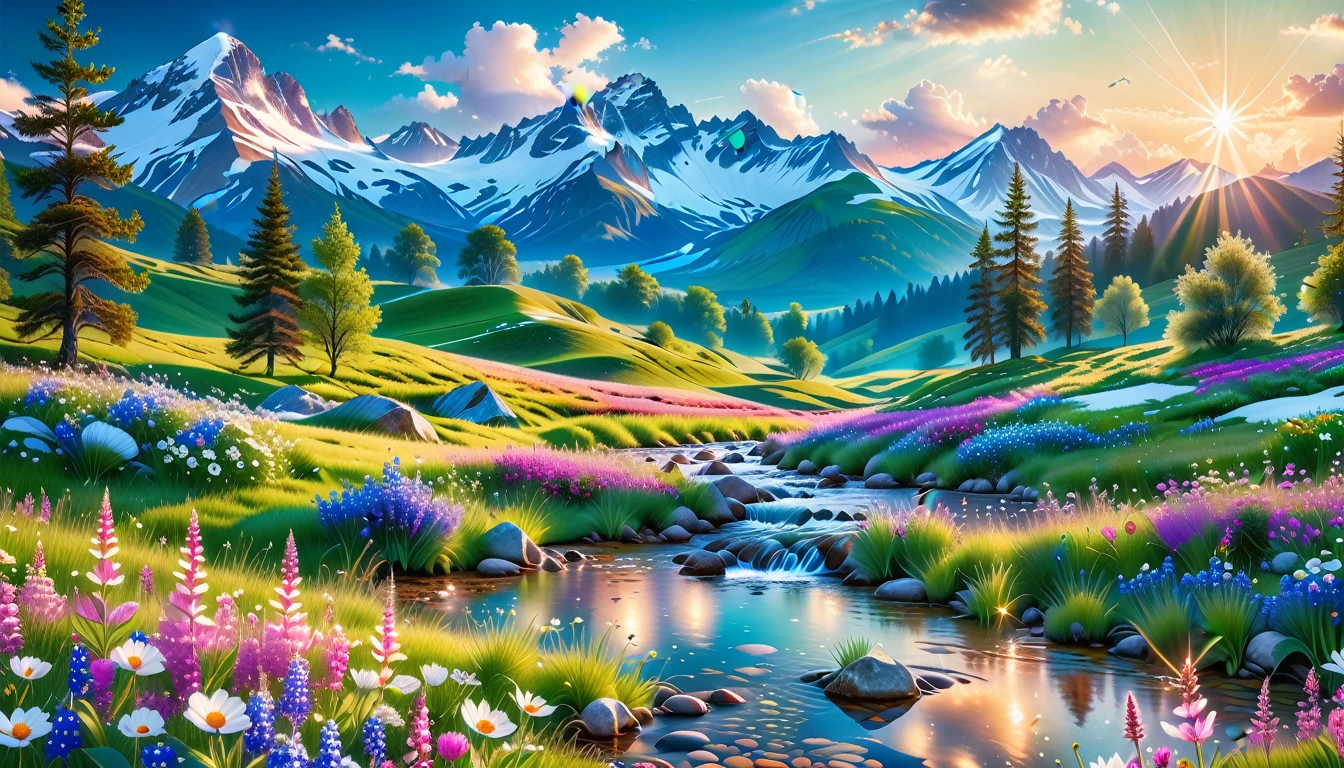 A Masterpiece In 32K Resolution, Supreme Quality, Super Detail, Official Art, Very High-Resolution 32K Wallpaper, Beautiful And Aesthetic, Ultra-Detailed Features, Awe-Inspiring Detail. The Enchanted Meadows Under A Sapphire Sky. Rolling Green Hills Spread Out Beneath A Clear Sapphire Sky, Dotted With Wildflowers That Dance In The Breeze. A Small, Sparkling Stream Winds Its Way Through The Meadow, Glimmering Like Silver Under The Sunlight. In The Distance, Snow-Capped Mountains Rise Majestically, Their Peaks Gleaming White Against The Blue Sky. A Sense Of Tranquil Magic Fills The Air.