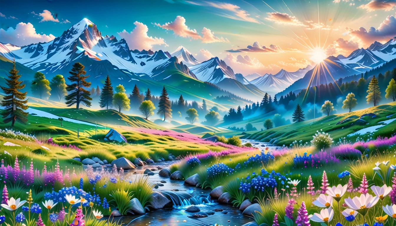 A Masterpiece In 32K Resolution, Supreme Quality, Super Detail, Official Art, Very High-Resolution 32K Wallpaper, Beautiful And Aesthetic, Ultra-Detailed Features, Awe-Inspiring Detail. The Enchanted Meadows Under A Sapphire Sky. Rolling Green Hills Spread Out Beneath A Clear Sapphire Sky, Dotted With Wildflowers That Dance In The Breeze. A Small, Sparkling Stream Winds Its Way Through The Meadow, Glimmering Like Silver Under The Sunlight. In The Distance, Snow-Capped Mountains Rise Majestically, Their Peaks Gleaming White Against The Blue Sky. A Sense Of Tranquil Magic Fills The Air.