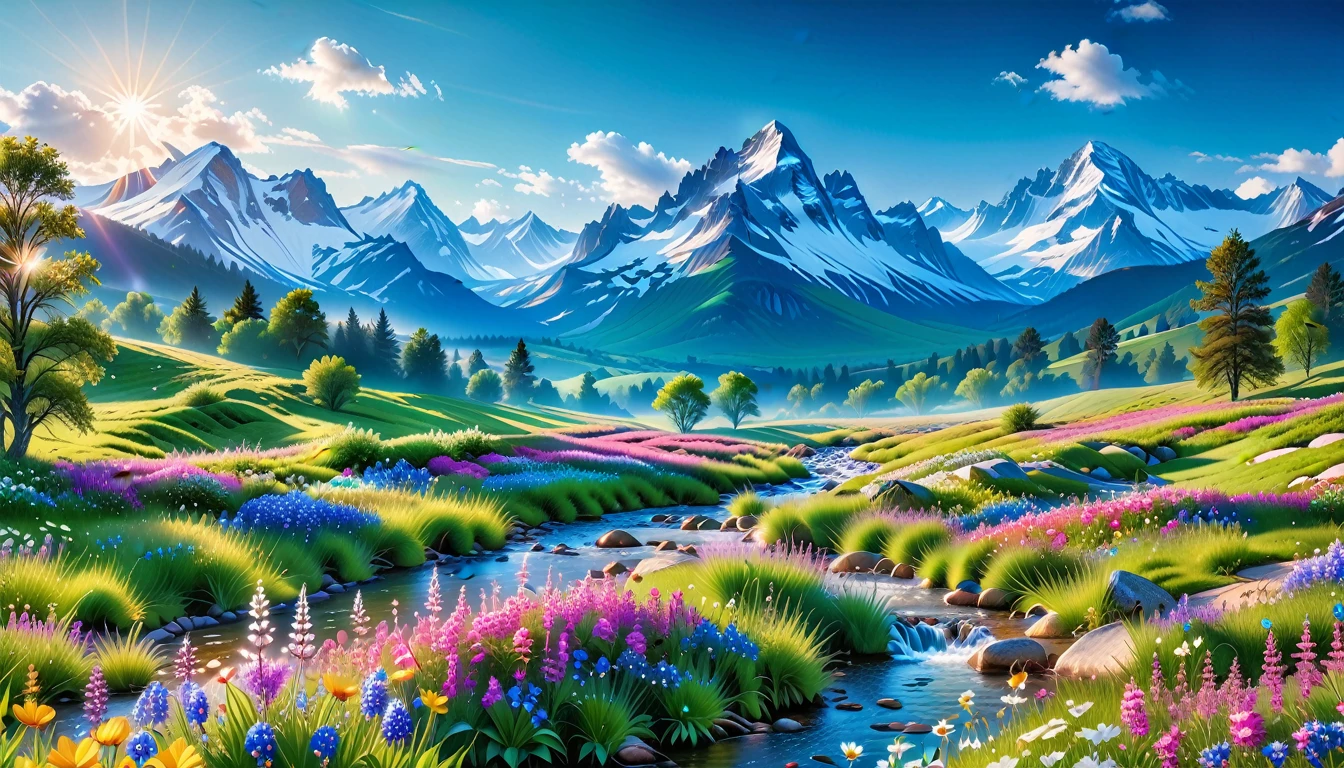 A Masterpiece In 32K Resolution, Supreme Quality, Super Detail, Official Art, Very High-Resolution 32K Wallpaper, Beautiful And Aesthetic, Ultra-Detailed Features, Awe-Inspiring Detail. The Enchanted Meadows Under A Sapphire Sky. Rolling Green Hills Spread Out Beneath A Clear Sapphire Sky, Dotted With Wildflowers That Dance In The Breeze. A Small, Sparkling Stream Winds Its Way Through The Meadow, Glimmering Like Silver Under The Sunlight. In The Distance, Snow-Capped Mountains Rise Majestically, Their Peaks Gleaming White Against The Blue Sky. A Sense Of Tranquil Magic Fills The Air.