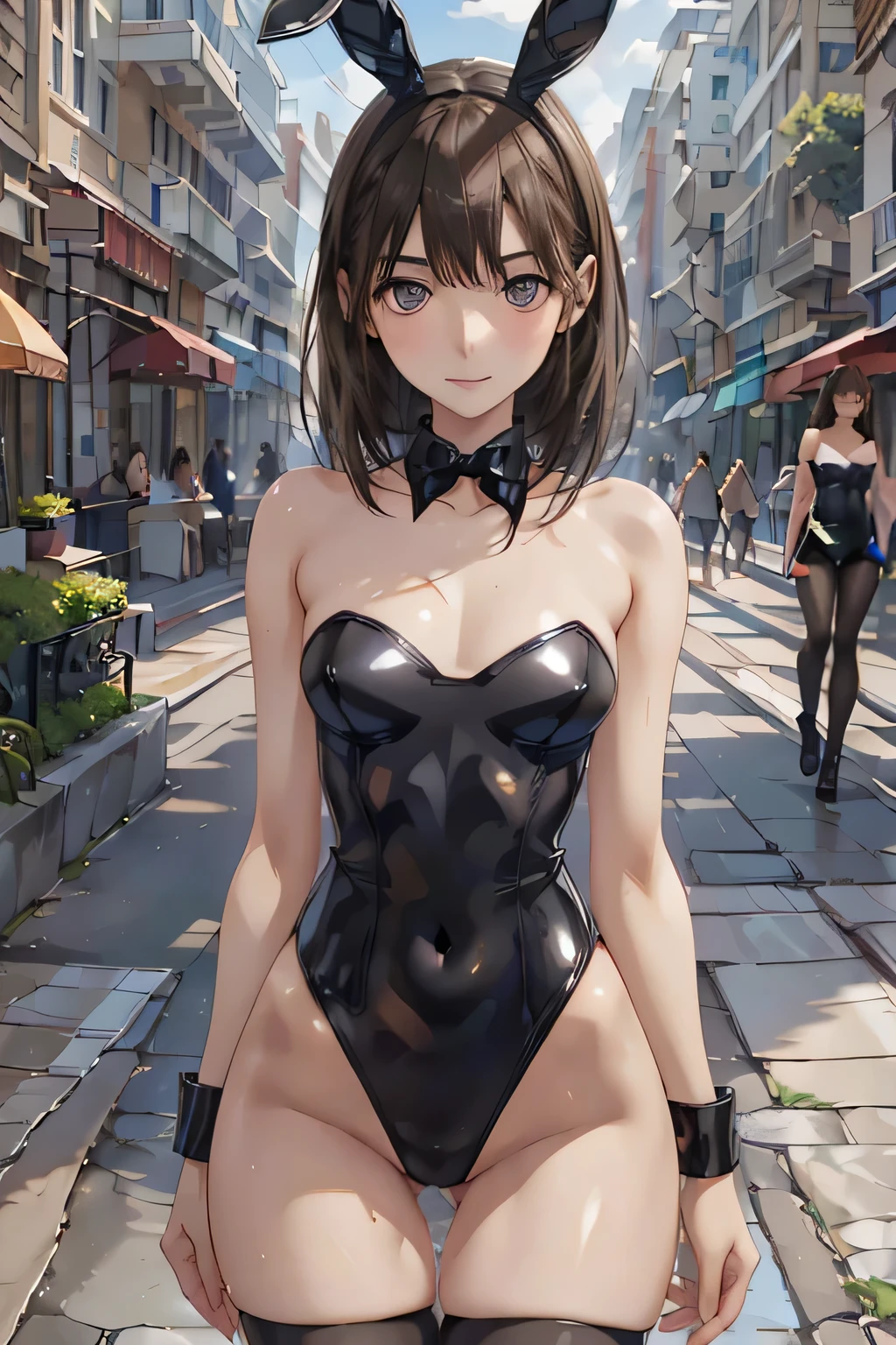 Shiny brown hair, short hair, (Beautiful brown eyes, Shining Eyes, fine grain), smile, Very detailed eyes, very detailed face, Highly detailed eyes,Cowboy Shot, One Girl, Flat Chest:1.37, skinny body:1.37, Thin limbs:1.37, Narrow waist:1.37, masterpiece, Best Quality, High resolution, One Girl, Detailed face, Anime CG Style, (1 girl:1.3), (old), Good lighting, Perfect body, Glossy lips, City Street, strapless leotard, detached collar, wrist cuffs, Fishnet tights, Bunny Ears, (Curvy)