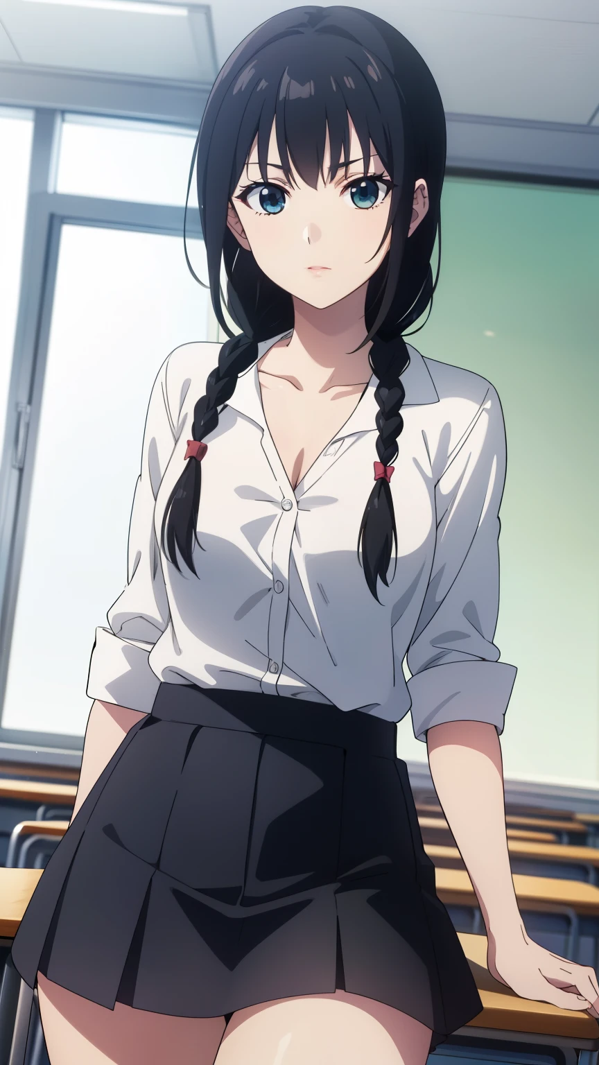 (masterpiece, best quality, high resolution, 8k:1.2), anime coloring, unity 8k wallpaper, (beautiful detailed eyes:1.2), highly detailed face, perfect lighting, highly detailed CG, perfect hands, perfect anatomy, 1 girl, young woman, (mature face:1.2), bearish sentiment, (black hair:1.1), bangs, (long twin braids:1
3), (black eyes), (slim body), (medium breasts), (school uniform, collarbone, white shirt, checkered miniskirt, classroom), looking at the viewer, (cowboy shot:1.2), dutch angle