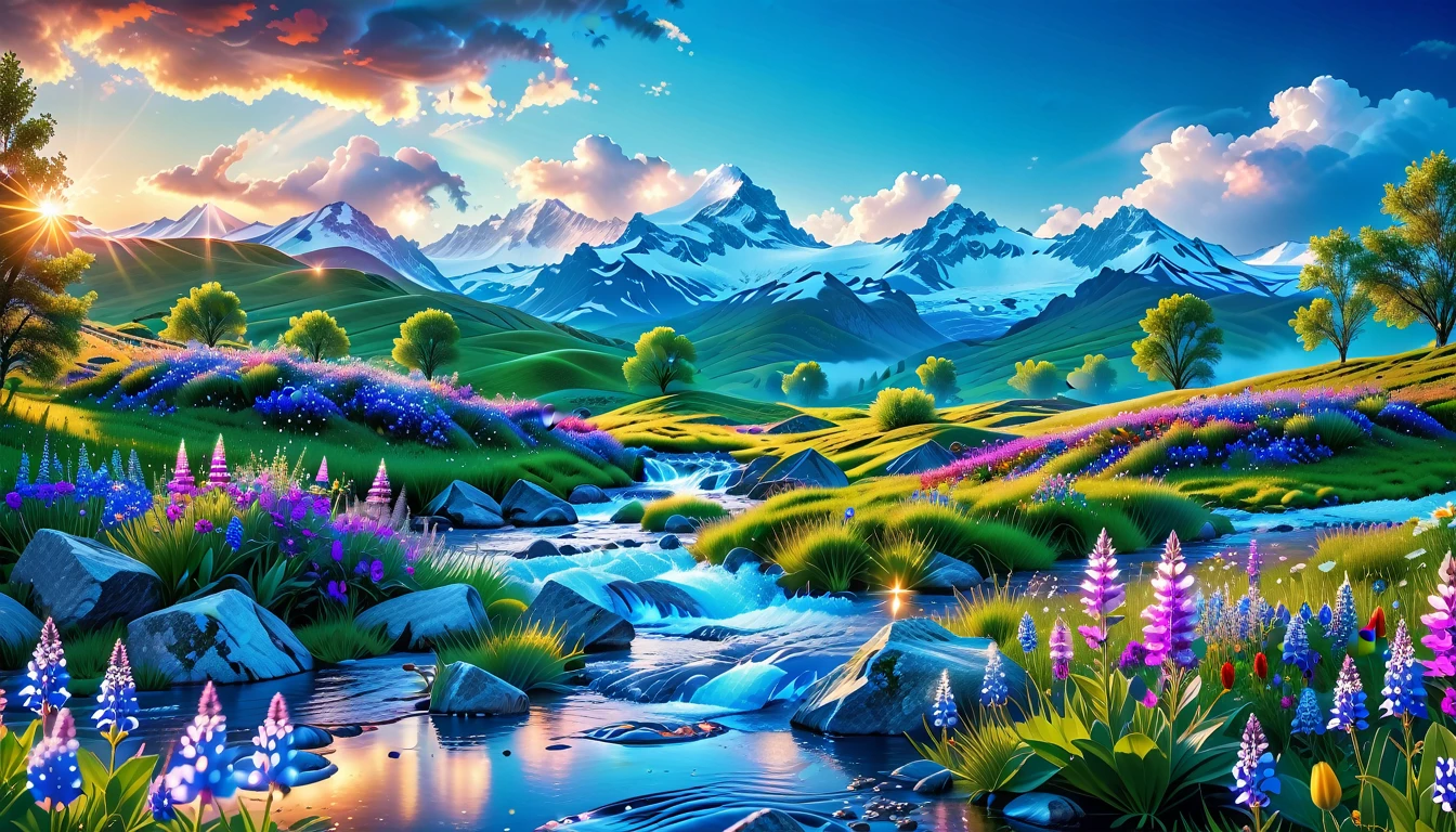 A Masterpiece In 32K Resolution, Supreme Quality, Super Detail, Official Art, Very High-Resolution 32K Wallpaper, Beautiful And Aesthetic, Ultra-Detailed Features, Awe-Inspiring Detail. The Enchanted Meadows Under A Sapphire Sky. Rolling Green Hills Spread Out Beneath A Clear Sapphire Sky, Dotted With Wildflowers That Dance In The Breeze. A Small, Sparkling Stream Winds Its Way Through The Meadow, Glimmering Like Silver Under The Sunlight. In The Distance, Snow-Capped Mountains Rise Majestically, Their Peaks Gleaming White Against The Blue Sky. A Sense Of Tranquil Magic Fills The Air.