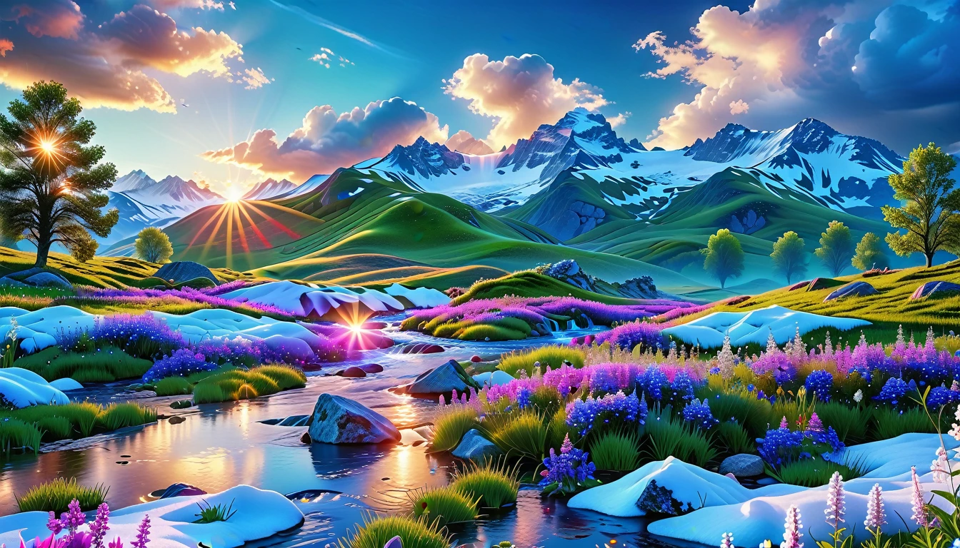 A Masterpiece In 32K Resolution, Supreme Quality, Super Detail, Official Art, Very High-Resolution 32K Wallpaper, Beautiful And Aesthetic, Ultra-Detailed Features, Awe-Inspiring Detail. The Enchanted Meadows Under A Sapphire Sky. Rolling Green Hills Spread Out Beneath A Clear Sapphire Sky, Dotted With Wildflowers That Dance In The Breeze. A Small, Sparkling Stream Winds Its Way Through The Meadow, Glimmering Like Silver Under The Sunlight. In The Distance, Snow-Capped Mountains Rise Majestically, Their Peaks Gleaming White Against The Blue Sky. A Sense Of Tranquil Magic Fills The Air.