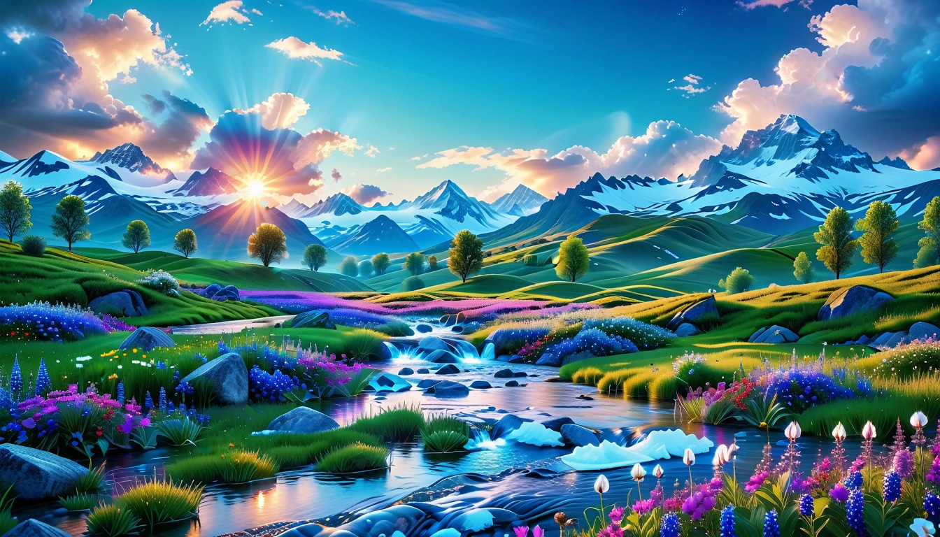 A Masterpiece In 32K Resolution, Supreme Quality, Super Detail, Official Art, Very High-Resolution 32K Wallpaper, Beautiful And Aesthetic, Ultra-Detailed Features, Awe-Inspiring Detail. The Enchanted Meadows Under A Sapphire Sky. Rolling Green Hills Spread Out Beneath A Clear Sapphire Sky, Dotted With Wildflowers That Dance In The Breeze. A Small, Sparkling Stream Winds Its Way Through The Meadow, Glimmering Like Silver Under The Sunlight. In The Distance, Snow-Capped Mountains Rise Majestically, Their Peaks Gleaming White Against The Blue Sky. A Sense Of Tranquil Magic Fills The Air.