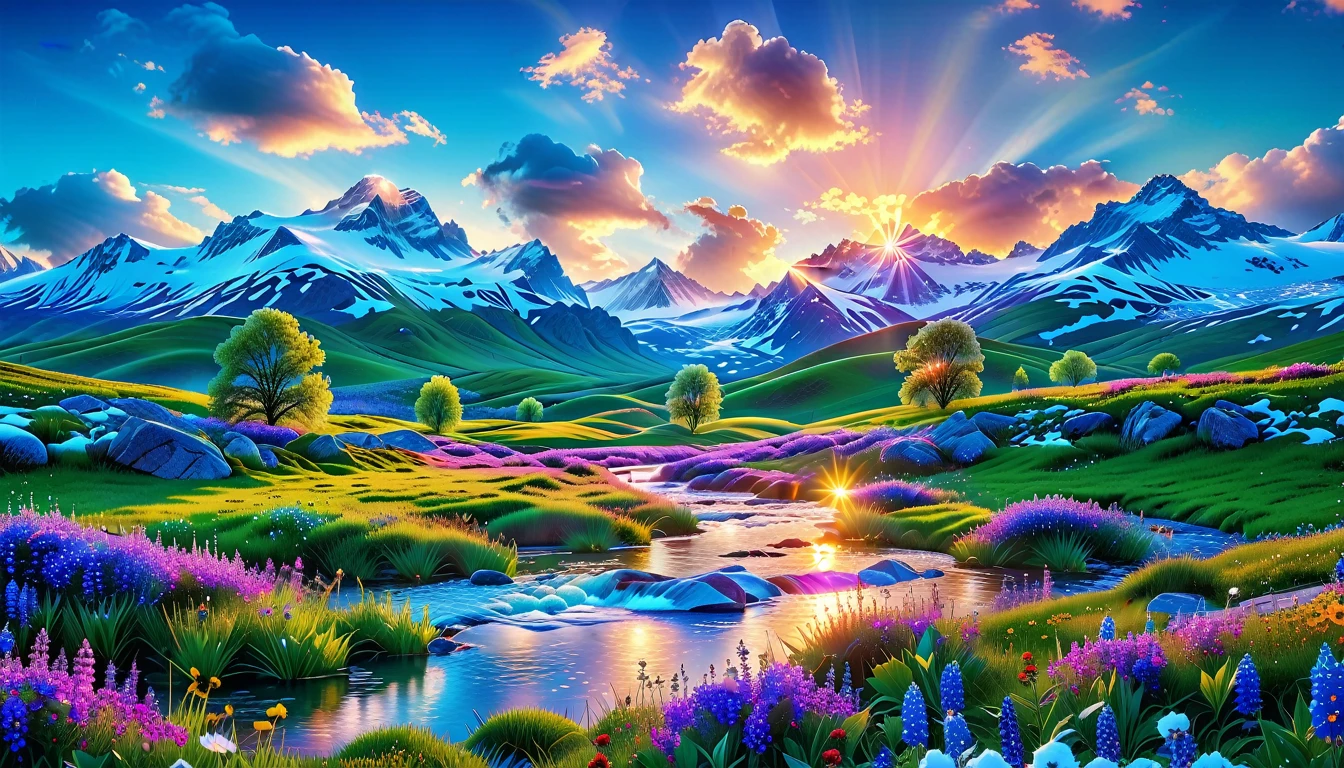 A Masterpiece In 32K Resolution, Supreme Quality, Super Detail, Official Art, Very High-Resolution 32K Wallpaper, Beautiful And Aesthetic, Ultra-Detailed Features, Awe-Inspiring Detail. The Enchanted Meadows Under A Sapphire Sky. Rolling Green Hills Spread Out Beneath A Clear Sapphire Sky, Dotted With Wildflowers That Dance In The Breeze. A Small, Sparkling Stream Winds Its Way Through The Meadow, Glimmering Like Silver Under The Sunlight. In The Distance, Snow-Capped Mountains Rise Majestically, Their Peaks Gleaming White Against The Blue Sky. A Sense Of Tranquil Magic Fills The Air.