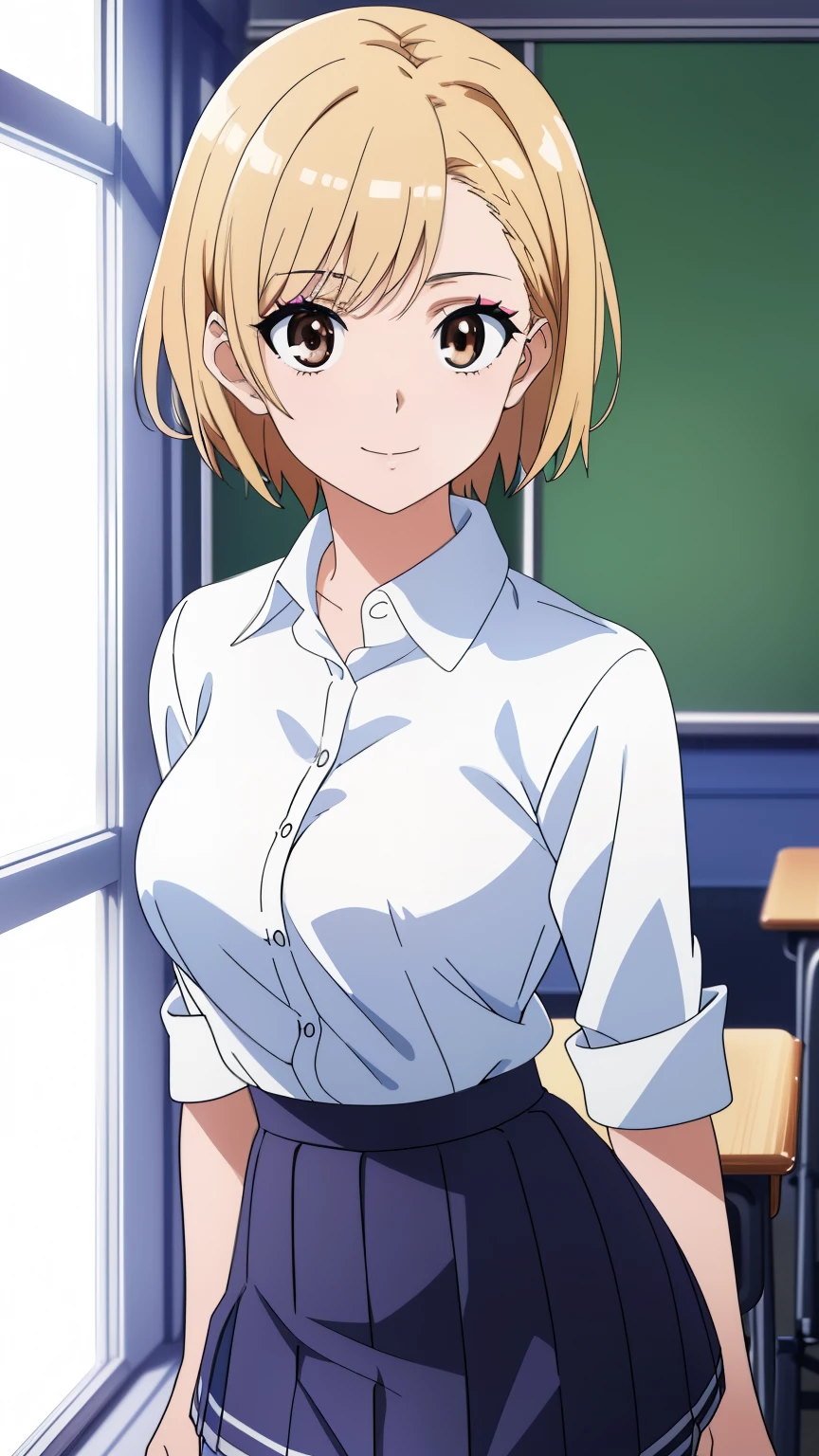 (masterpiece, best quality, high resolution, 8k:1.2), (anime coloring:1.2), highly detailed, beautiful eyes, perfect eyes, fine eyes, brown eyes, featuring big highlights, detailed face, highly detailed, fine eyes, symmetrical eyes, one girl, alone, (20 years old), young woman, (mature face:1.4), blonde, (short hair:1.2), (handsome short hair:1.2), (tall:1.2), (A relaxed expression:1.2), smile, (medium breast), slim body, (false eyelashes, makeup, school uniform, white shirt, checkered miniskirt, classroom), looking at the viewer, in the center of the image, (beautiful_medium breast:1.1), (beautiful_face:1.2), (beautiful_waist:1.2), (cowboy shot), dutch angle,