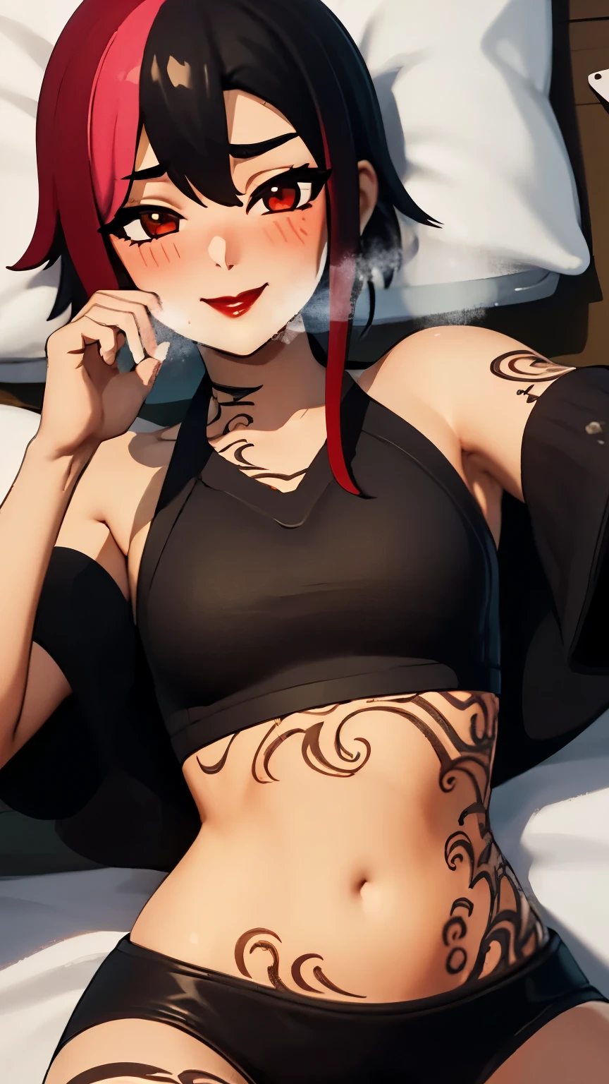 1girl, black hair, red hair, two-tone hair, short hair, multicolored hair, red eyes, ((heavy breathing:1.3)), (blush:1.1), (black eyeshadow1:1), upper body, (speed lines:1.1), trembling, sweat, tattoos, navel, black crop top, bare shoulders, red lips, smile, looking at viewer, facing viewer, Straddling on pov, Straddling, pov lying on bed, pov making out on the girl,