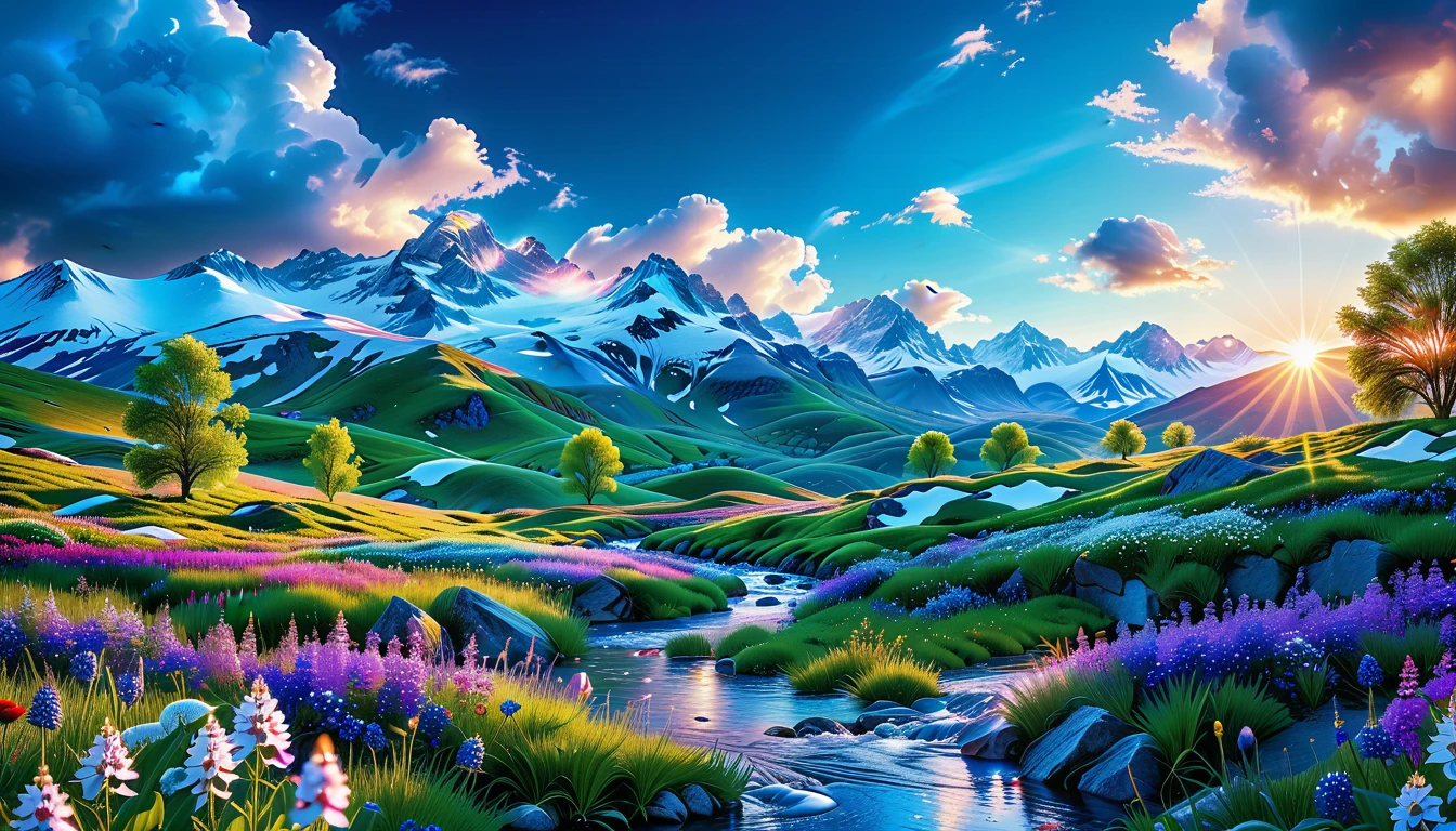 A Masterpiece In 32K Resolution, Supreme Quality, Super Detail, Official Art, Very High-Resolution 32K Wallpaper, Beautiful And Aesthetic, Ultra-Detailed Features, Awe-Inspiring Detail. The Enchanted Meadows Under A Sapphire Sky. Rolling Green Hills Spread Out Beneath A Clear Sapphire Sky, Dotted With Wildflowers That Dance In The Breeze. A Small, Sparkling Stream Winds Its Way Through The Meadow, Glimmering Like Silver Under The Sunlight. In The Distance, Snow-Capped Mountains Rise Majestically, Their Peaks Gleaming White Against The Blue Sky. A Sense Of Tranquil Magic Fills The Air.