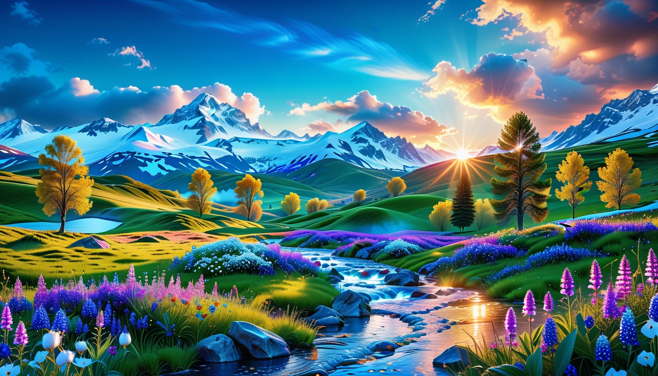 A Masterpiece In 32K Resolution, Supreme Quality, Super Detail, Official Art, Very High-Resolution 32K Wallpaper, Beautiful And Aesthetic, Ultra-Detailed Features, Awe-Inspiring Detail. The Enchanted Meadows Under A Sapphire Sky. Rolling Green Hills Spread Out Beneath A Clear Sapphire Sky, Dotted With Wildflowers That Dance In The Breeze. A Small, Sparkling Stream Winds Its Way Through The Meadow, Glimmering Like Silver Under The Sunlight. In The Distance, Snow-Capped Mountains Rise Majestically, Their Peaks Gleaming White Against The Blue Sky. A Sense Of Tranquil Magic Fills The Air.