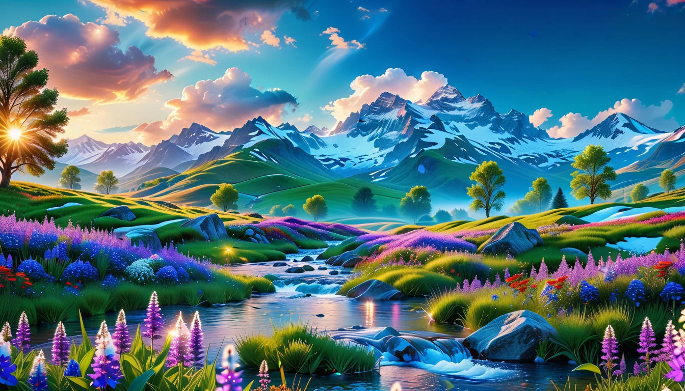 A Masterpiece In 32K Resolution, Supreme Quality, Super Detail, Official Art, Very High-Resolution 32K Wallpaper, Beautiful And Aesthetic, Ultra-Detailed Features, Awe-Inspiring Detail. The Enchanted Meadows Under A Sapphire Sky. Rolling Green Hills Spread Out Beneath A Clear Sapphire Sky, Dotted With Wildflowers That Dance In The Breeze. A Small, Sparkling Stream Winds Its Way Through The Meadow, Glimmering Like Silver Under The Sunlight. In The Distance, Snow-Capped Mountains Rise Majestically, Their Peaks Gleaming White Against The Blue Sky. A Sense Of Tranquil Magic Fills The Air.