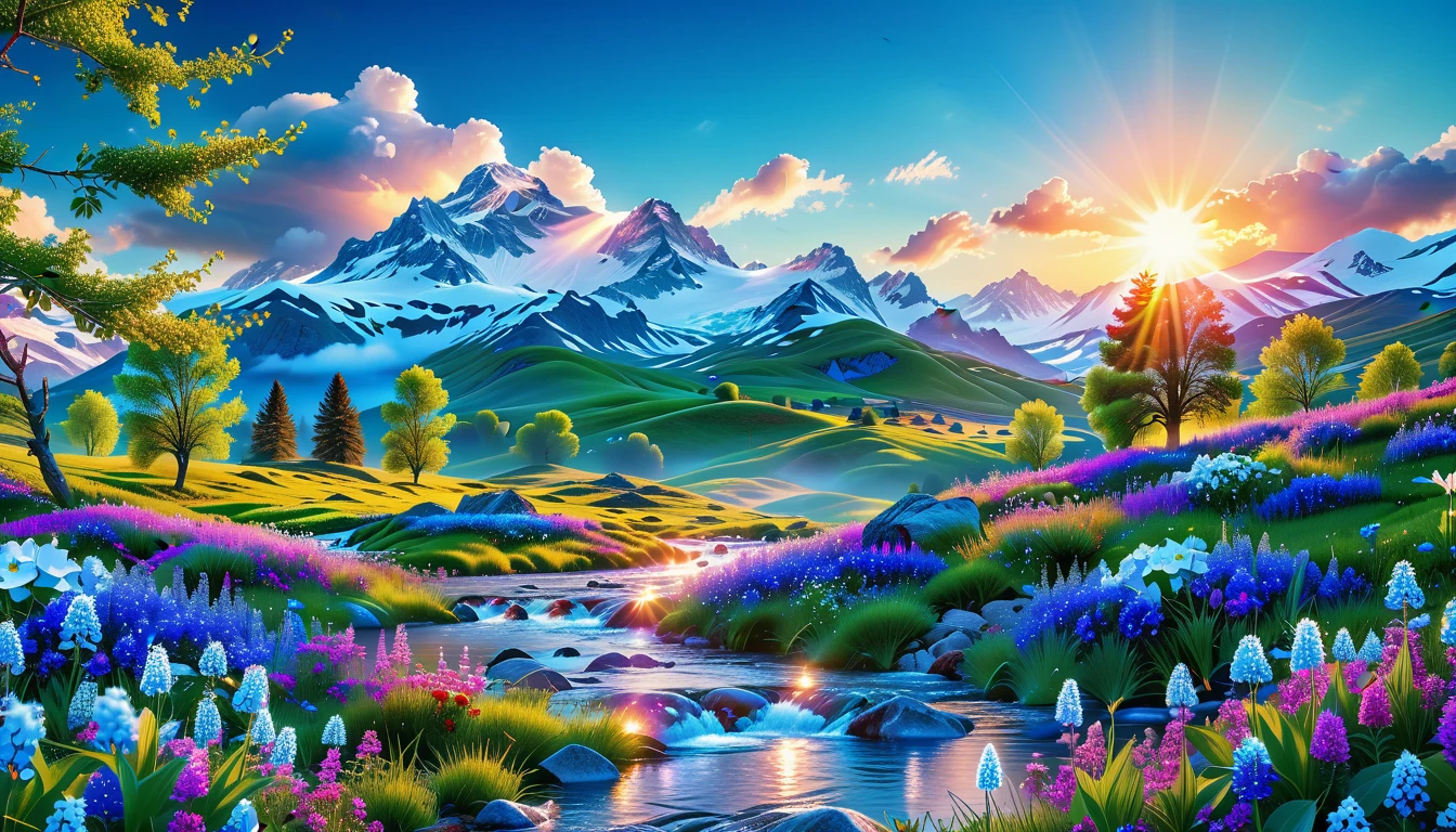 A Masterpiece In 32K Resolution, Supreme Quality, Super Detail, Official Art, Very High-Resolution 32K Wallpaper, Beautiful And Aesthetic, Ultra-Detailed Features, Awe-Inspiring Detail. The Enchanted Meadows Under A Sapphire Sky. Rolling Green Hills Spread Out Beneath A Clear Sapphire Sky, Dotted With Wildflowers That Dance In The Breeze. A Small, Sparkling Stream Winds Its Way Through The Meadow, Glimmering Like Silver Under The Sunlight. In The Distance, Snow-Capped Mountains Rise Majestically, Their Peaks Gleaming White Against The Blue Sky. A Sense Of Tranquil Magic Fills The Air.