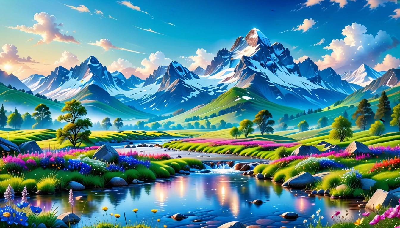 A Masterpiece In 32K Resolution, Supreme Quality, Super Detail, Official Art, Very High-Resolution 32K Wallpaper, Beautiful And Aesthetic, Ultra-Detailed Features, Awe-Inspiring Detail. The Enchanted Meadows Under A Sapphire Sky. Rolling Green Hills Spread Out Beneath A Clear Sapphire Sky, Dotted With Wildflowers That Dance In The Breeze. A Small, Sparkling Stream Winds Its Way Through The Meadow, Glimmering Like Silver Under The Sunlight. In The Distance, Snow-Capped Mountains Rise Majestically, Their Peaks Gleaming White Against The Blue Sky. A Sense Of Tranquil Magic Fills The Air.