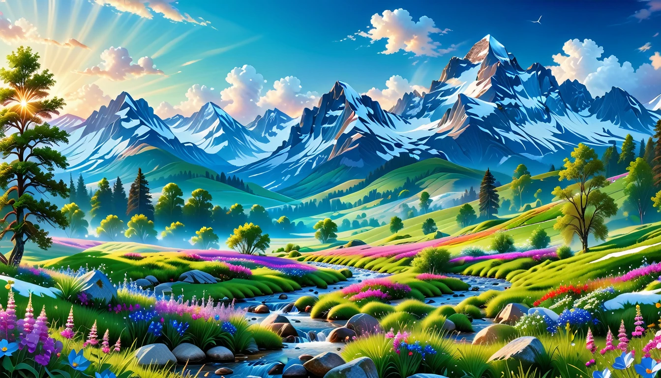 A Masterpiece In 32K Resolution, Supreme Quality, Super Detail, Official Art, Very High-Resolution 32K Wallpaper, Beautiful And Aesthetic, Ultra-Detailed Features, Awe-Inspiring Detail. The Enchanted Meadows Under A Sapphire Sky. Rolling Green Hills Spread Out Beneath A Clear Sapphire Sky, Dotted With Wildflowers That Dance In The Breeze. A Small, Sparkling Stream Winds Its Way Through The Meadow, Glimmering Like Silver Under The Sunlight. In The Distance, Snow-Capped Mountains Rise Majestically, Their Peaks Gleaming White Against The Blue Sky. A Sense Of Tranquil Magic Fills The Air.