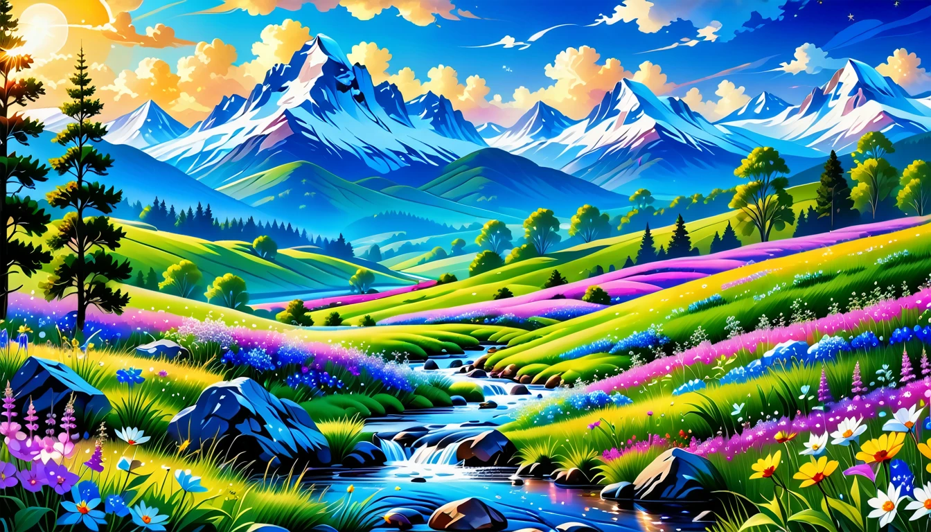 A Masterpiece In 32K Resolution, Supreme Quality, Super Detail, Official Art, Very High-Resolution 32K Wallpaper, Beautiful And Aesthetic, Ultra-Detailed Features, Awe-Inspiring Detail. The Enchanted Meadows Under A Sapphire Sky. Rolling Green Hills Spread Out Beneath A Clear Sapphire Sky, Dotted With Wildflowers That Dance In The Breeze. A Small, Sparkling Stream Winds Its Way Through The Meadow, Glimmering Like Silver Under The Sunlight. In The Distance, Snow-Capped Mountains Rise Majestically, Their Peaks Gleaming White Against The Blue Sky. A Sense Of Tranquil Magic Fills The Air.